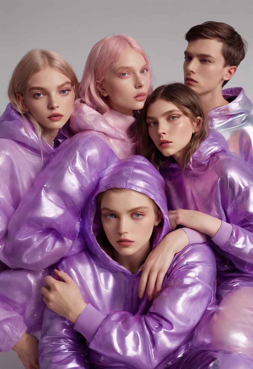 a realistic group photograph of a group of gen-z friends hugging, in a clean cubicle, white background, ultra-wide angle, fashion pose, vogue, wearing fluorescent purple hoodies made from shiny translucent fabric, latex, in the style of chromatic sculptural slabs, daniel James, Sandro botticelli, carving, luxurious textures, close-up, Alasdair mclellan