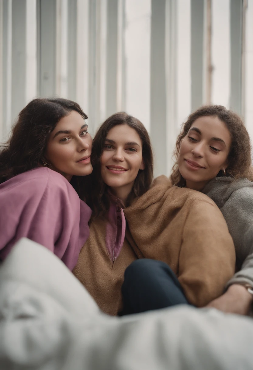 a realistic group photograph of a group of gen-z friends hugging, in a clean cubicle, white background, ultra-wide angle, fashion pose, vogue, wearing fluorescent purple hoodies made from shiny translucent fabric, latex, in the style of chromatic sculptural slabs, daniel James, Sandro botticelli, carving, luxurious textures, close-up, Alasdair mclellan