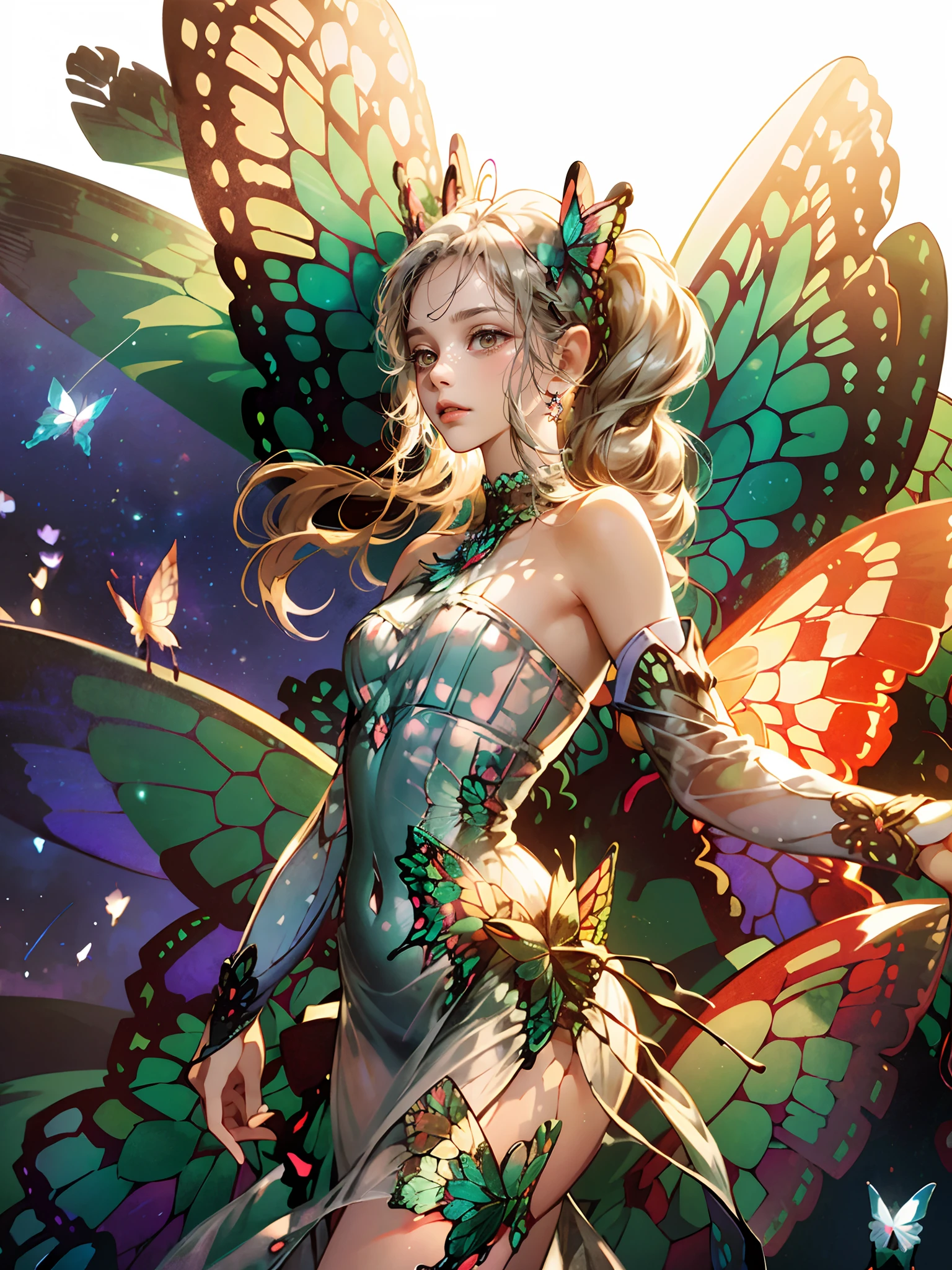 woman with a drink in her hand and a fairy costume, ((beautiful transparent butterfly wings:1.5)), ((glittery wings)),  fantasy illustration, calm and peaceful facial expressions,silver pedals blowing around, cowboy shot, perfect anatomy, ((perfect shaped two arms)),detail face,break.beautiful growing dress,fantasy, forest