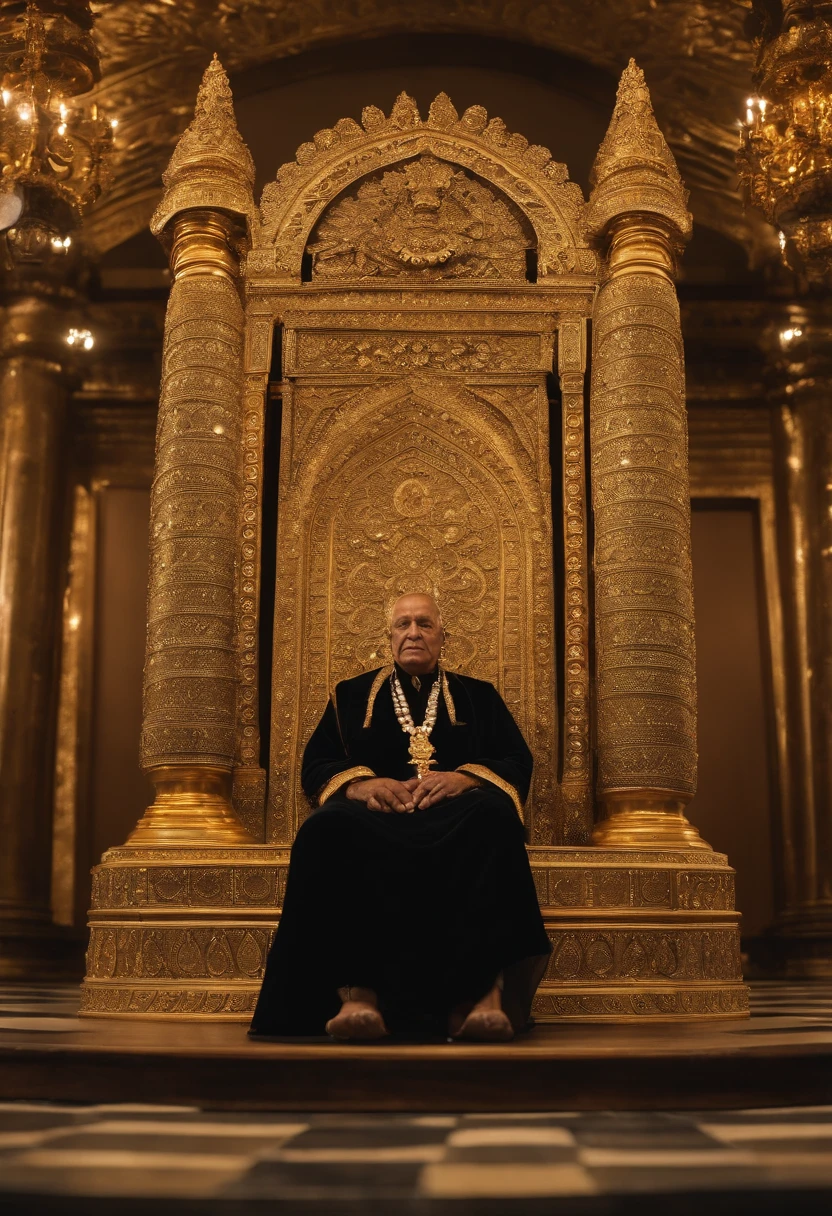 A imagem abstrata coloca o trono como o epicentro da cena, irradiando majestosidade e autoridade. The central throne is a masterpiece of craftsmanship, towering in the center of the frame. Made of gilded wood adorned with intricate attractions, it shines with a heavenly splendor and is adorned with resplendent jewels, que capturam a luz de maneira hipnotizante. Around this magnificent throne, 24 aspirants are desirous in a solemn circle. Cada um deles ocupa uma cadeira igualmente ornamentada, esculpida em madeira escura e estofada com tecidos luxuosos. The elders are dressed in ceremonial robes that reflect their wisdom and authority. They hold objects that symbolize their influence, and their expressions are serene and wise.A luz divina que emana do trono cria um ambiente celestial. Ela banha o trono em um brilho dourado intenso, highlighting it as the absolute center of power and reverence. The shadows dance around the elders, creating a dramatic contrast and adding a touch of mystery to the scene.