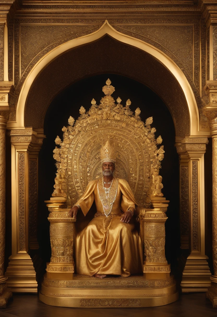 A imagem abstrata coloca o trono como o epicentro da cena, irradiando majestosidade e autoridade. The central throne is a masterpiece of craftsmanship, towering in the center of the frame. Made of gilded wood adorned with intricate attractions, it shines with a heavenly splendor and is adorned with resplendent jewels, que capturam a luz de maneira hipnotizante. Around this magnificent throne, 24 aspirants are desirous in a solemn circle. Cada um deles ocupa uma cadeira igualmente ornamentada, esculpida em madeira escura e estofada com tecidos luxuosos. The elders are dressed in ceremonial robes that reflect their wisdom and authority. They hold objects that symbolize their influence, and their expressions are serene and wise.A luz divina que emana do trono cria um ambiente celestial. Ela banha o trono em um brilho dourado intenso, highlighting it as the absolute center of power and reverence. The shadows dance around the elders, creating a dramatic contrast and adding a touch of mystery to the scene.