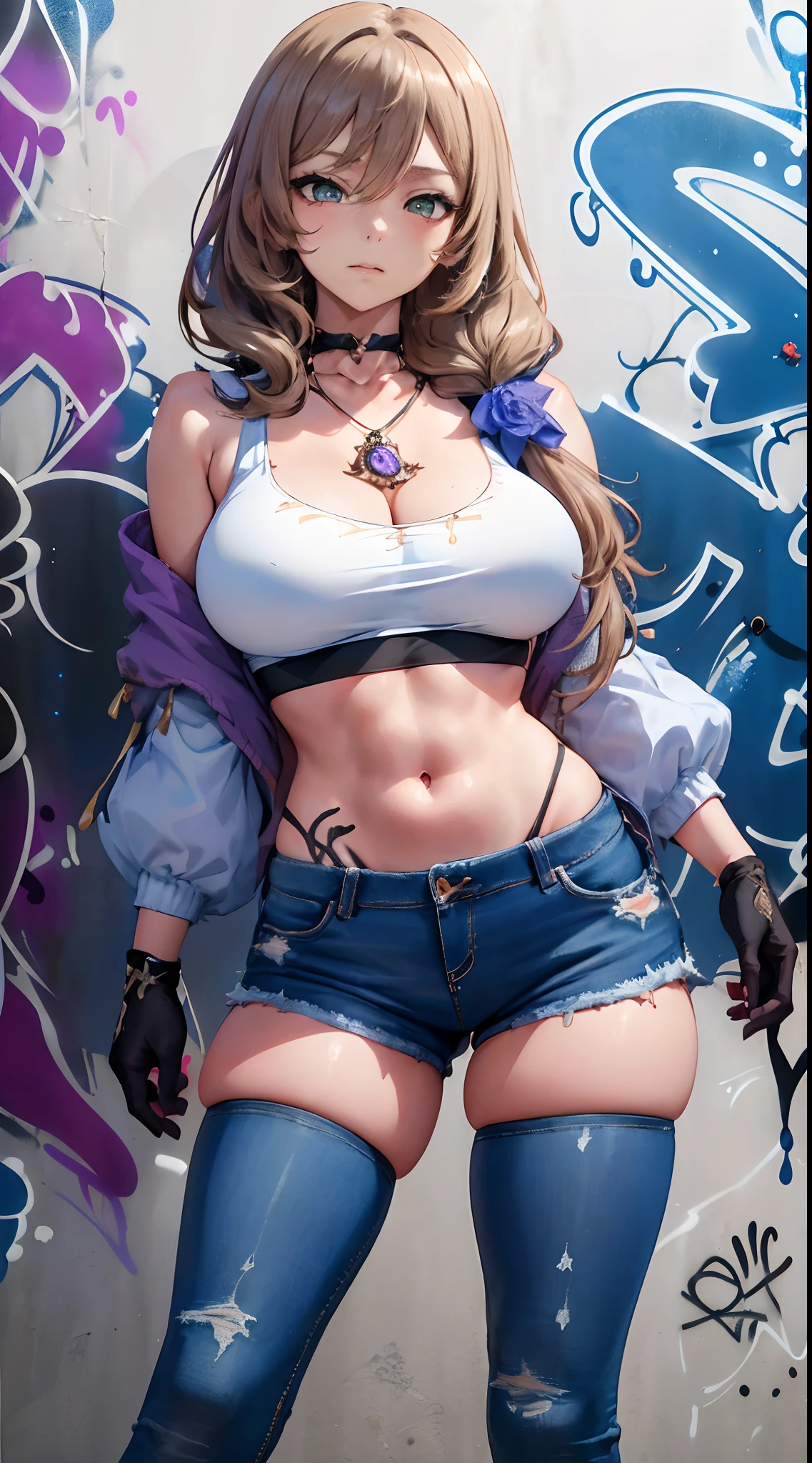 Lisa|genshin impact, master-piece, bestquality, 1girls,25 years old, shorts jeans, oversized breasts, ,bara, crop top, shorts jeans, choker, (Graffiti:1.5), Splash with purple lightning pattern., arm behind back, against wall, View viewers from the front., Thigh strap, Head tilt, bored, water eyes,