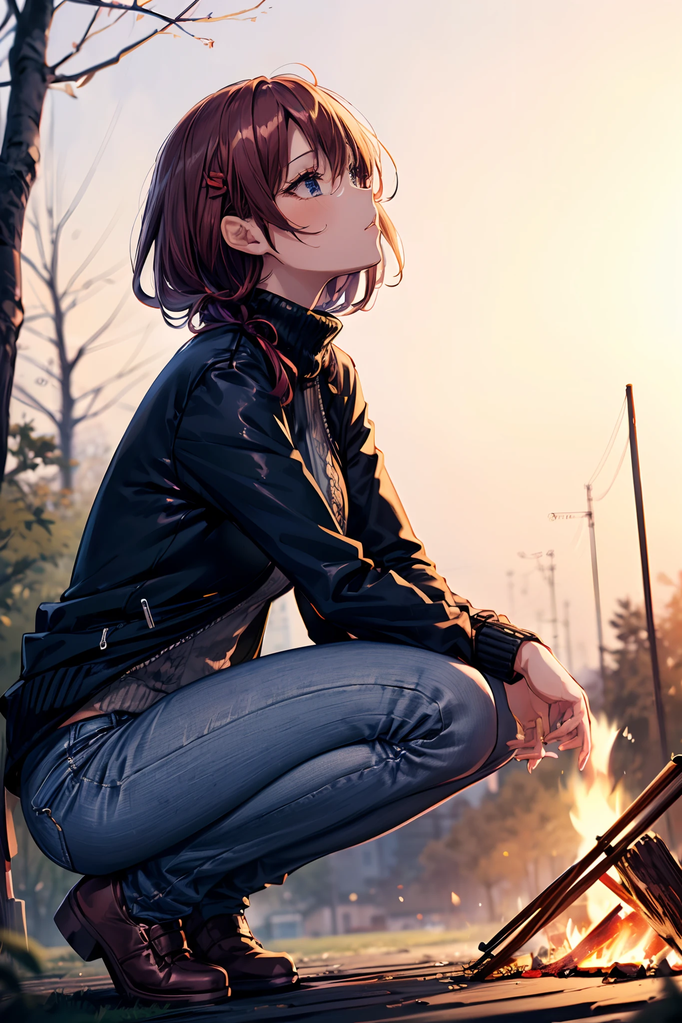 (landscape photography, in a forest), cute anime girl (sitting in front of a bonfire), cozy wallpaper, anime moe artstyle, kantai collection style, 4 k manga wallpaper, anime visual of a cute girl, anime wallaper, anime style 4 k, beautiful anime girl squatting, high quality anime artstyle, (anime girl), 🍁 cute, (wearing turtle neck cable-knit with outdoor jacket, deep navy blue skinny denim:1.3), ((dark chestnut medium short hair:1.25, updo, wavy hair)), outdoor, in a park, (blurry background, bokeh), sunset, (in a night:1.2), ((ultra high resolution, 8K RAW photo, photo realistics:1.2)), textile shading, fine detailed face, beautiful detailed eyes, (looking away, looking up night sky:1.2), (correct anatomy:1.5), (dynamic angle, long frame shot:1.3), from below, from behind,