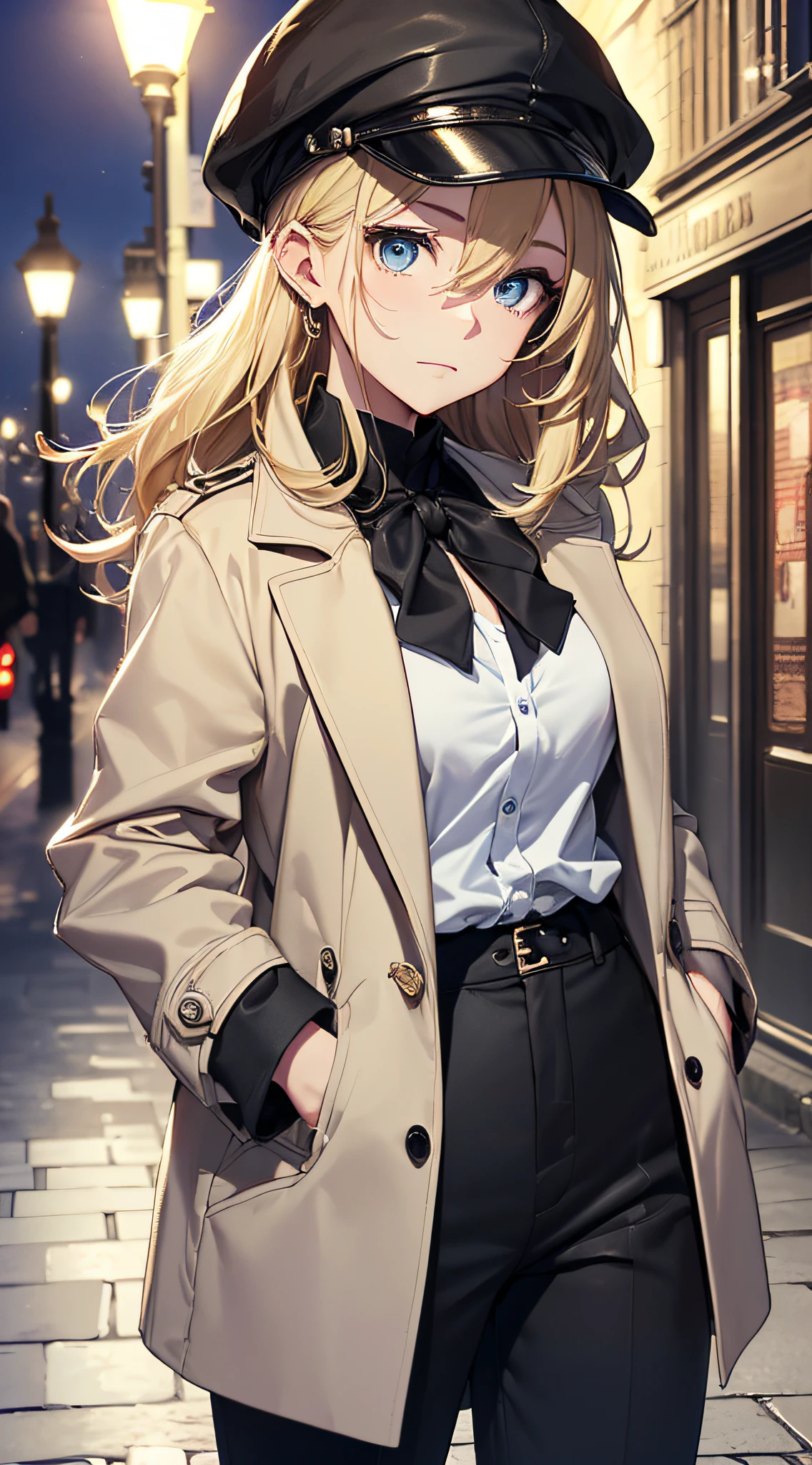 top-quality、Top image quality、masterpiece、girl with((18year old、White Open Y-Shirt、deerstalker hat、Stylish long coat、Black pants、Best Bust、Bust 85、a blond、Longhaire、Blue eyes、open chest wide、Valley、Happiness、Black wristband on wrist、A slender、耳Nipple Ring、The wind blows,Stick your hands in your pockets、close to viewer、cool expression))hiquality、visualart、Background with((London by night、In front of the hotel))、masutepiece、