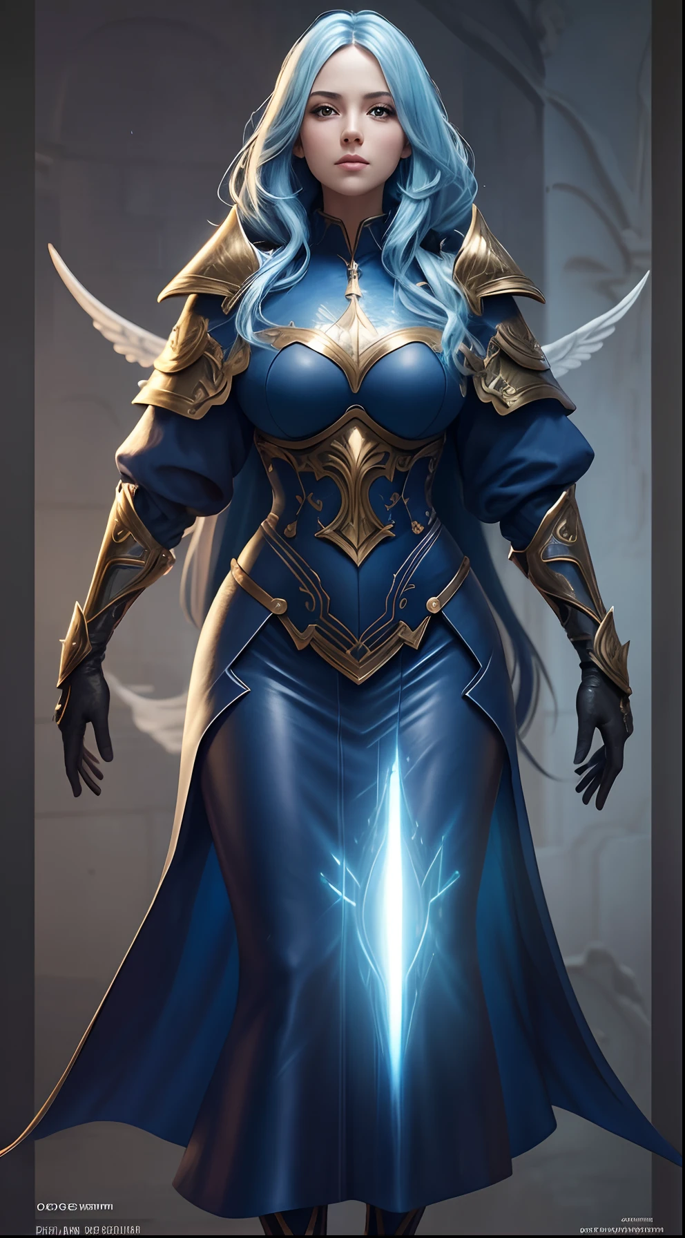 (Lenneth:2B:1.3) merge characters "2B" and "Lenneth", solo, 1girl, BREAK: hip-length silver hair in a loose braid, damaged ((gold trimmed sapphire blue plate mechanical armor)), (boob window:1.27), (pokie nipples:1.5), (blue plate armor helmet), black blindfold covering eyes under helmet, thigh cutouts, (tattered loin cloth skirt), gold and silver wings (on hips), BREAK: in fighting poses, holding glowing spear, light smile, BREAK: (deep dungeon interior setting), BREAK: (better hands, best hands), (insanely detailed, masterpiece, best quality)