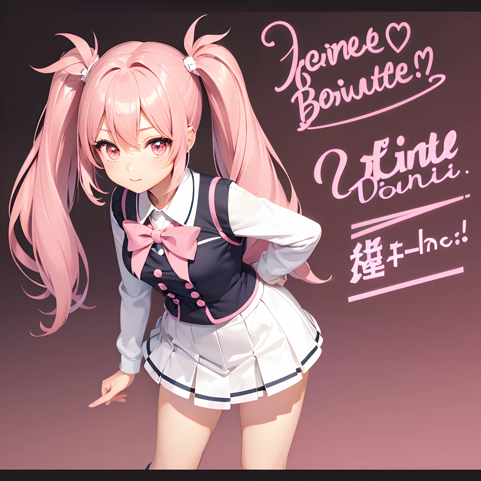Very cute and (Beautiful Chibi Anime Girl), Solo, Simple background, Beautiful twin tails*Pink* hair, Beautiful detailed *Pink* High School Uniform, Full body, Standing, high detailed face and *Pink* Eyes, Clearly outlined