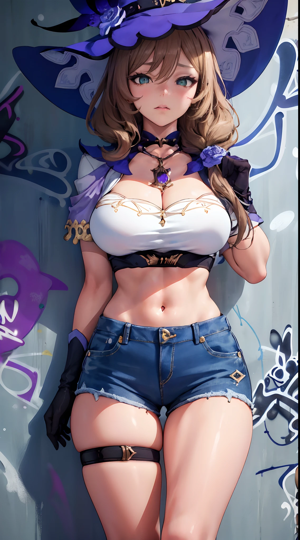 Lisa|genshin impact, master-piece, bestquality, 1girls,25 years old, shorts jeans, oversized breasts, ,bara, crop top, shorts jeans, choker, (Graffiti:1.5), Splash with purple lightning pattern., arm behind back, against wall, View viewers from the front., Thigh strap, Head tilt, bored, water eyes,