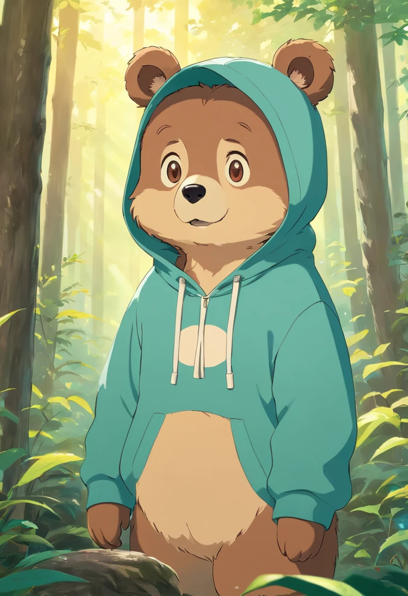 Produces ultra-high-definition images of chic bears,Highlight the intricate details of bear fur,And expressive eyes.Cute little bear,Wear a trendy sweatshirt,Wearing a hat,ssmile,Cute action,foreshortening, depth of fields, masutepiece, Best Quality,the woods,Soft lighting, Dreamy volumetric lighting. hyper realisitc. perfectquality, Clear focus