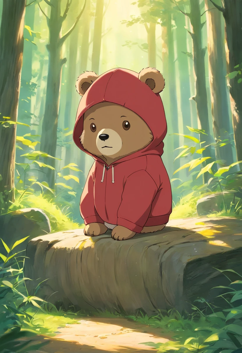 Produces ultra-high-definition images of chic bears,Highlight the intricate details of bear fur,And expressive eyes.Cute little bear,Wear a trendy sweatshirt,Wearing a hat,ssmile,Cute action,foreshortening, depth of fields, masutepiece, Best Quality,the woods,Soft lighting, Dreamy volumetric lighting. hyper realisitc. perfectquality, Clear focus