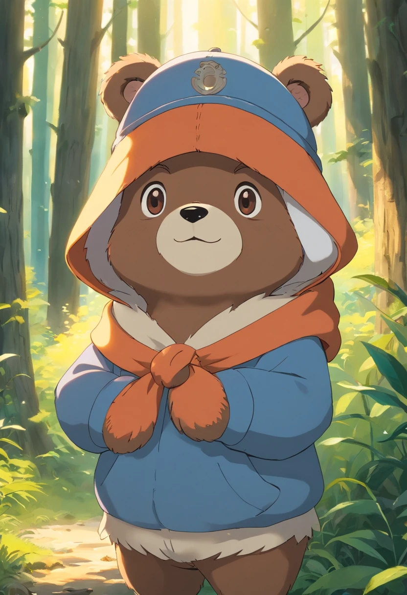 Produces ultra-high-definition images of chic bears,Highlight the intricate details of bear fur,And expressive eyes.Cute little bear,Wear a trendy sweatshirt,Wearing a hat,ssmile,Cute action,foreshortening, depth of fields, masutepiece, Best Quality,the woods,Soft lighting, Dreamy volumetric lighting. hyper realisitc. perfectquality, Clear focus
