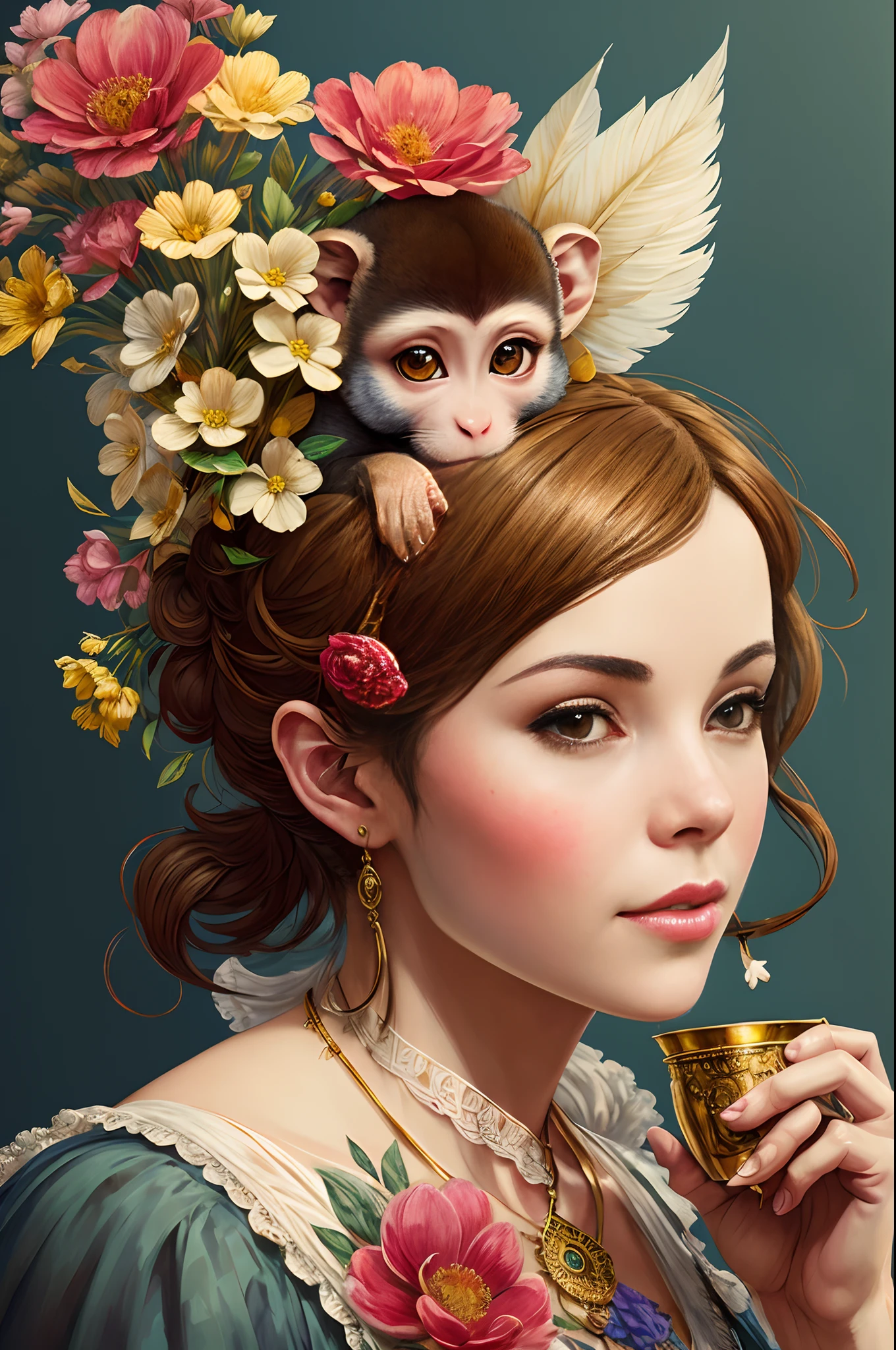 Cute Brazilian monkey in a Victorian cup, pretty flowers all around, bright, colorful, saturated, vintage, "art style that combines the elegance of line art with the vibrancy of watercolor. The artwork is highly detailed, with sharp focus and transitions smooth. The overall feeling is dynamic and highly polished, influenced by the works of Carne Griffiths, Wadim Kashim and Carl Larsson. texture), Carl Larsson (for his light and airy compositions) and Pascal Blanche (for his hyper-realistic character designs and matte painting techniques). concept art. The golden ratio is used to create balanced compositions, and the overall feel is highly polished and elegant. This style is perfect for a cinematic production character rendering or an intricate artwork, trending in CGSociety and Artstation., trending in artstation, sharp focus, studio shot, intricate detail, high detail, by greg rutkowski