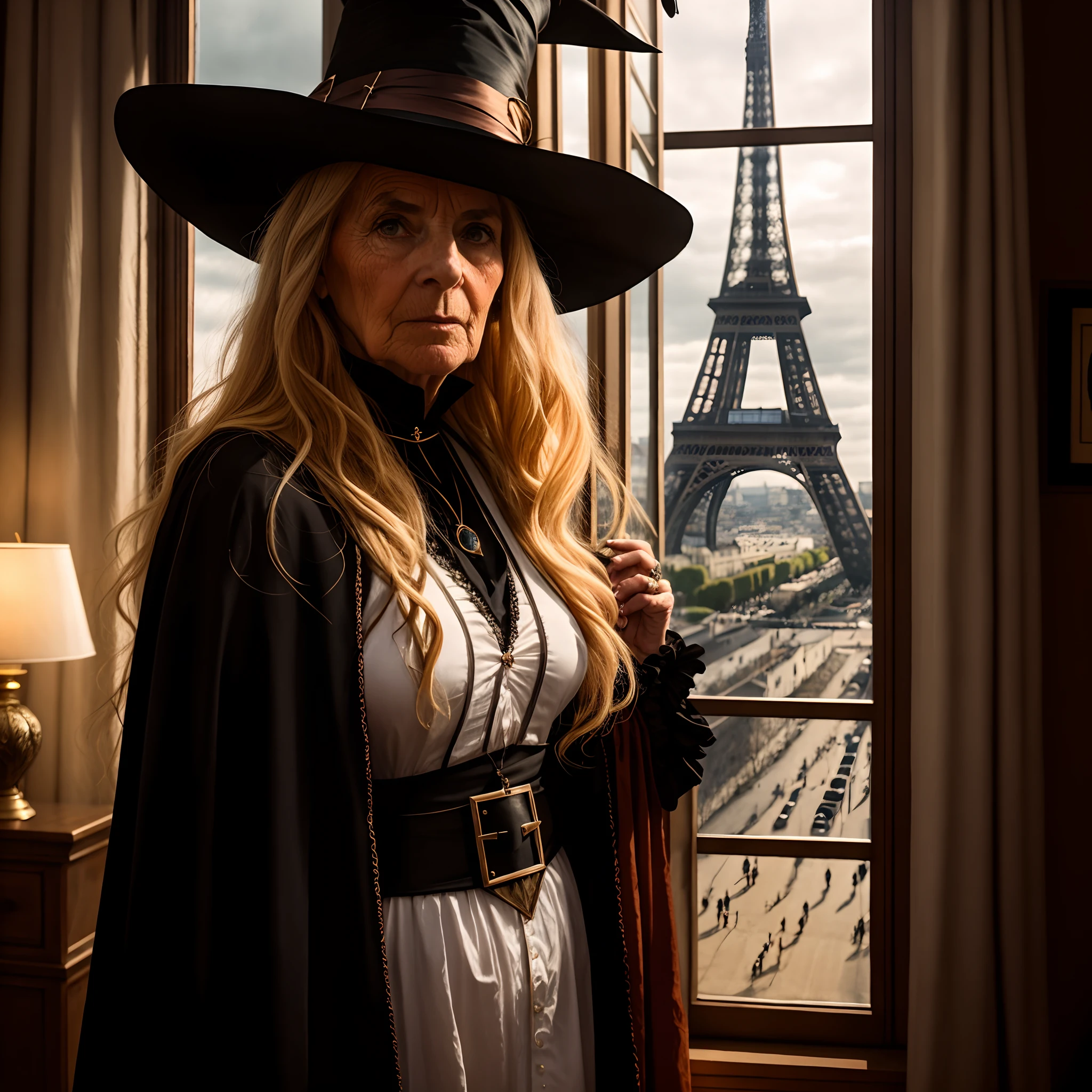 blond woman in a witch costume standing in front of a window, middle-aged witch, inspired by Francesco Hayez, portrait of a witch, classical witch, witch woman, by Etienne Delessert, inspired by Jean Tabaud, portrait of paris, photo still, granny weatherwax, a witch, supervillain sorceress witch