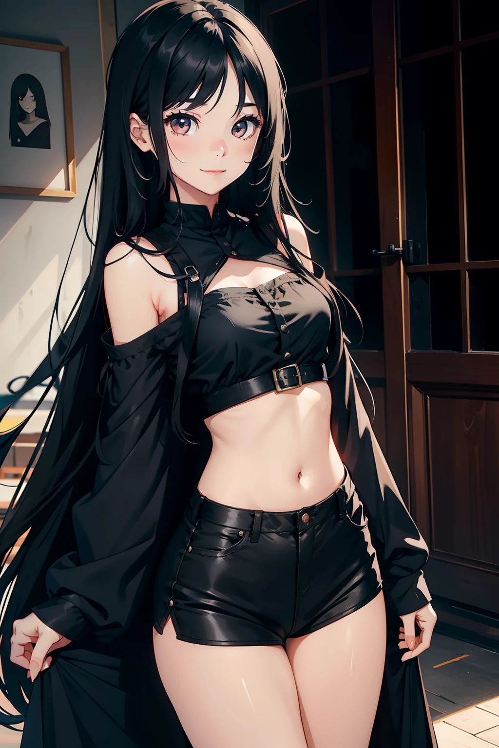 a girl, long black hair, loose hair, big black eyes, small and lovely body, smiling brightly