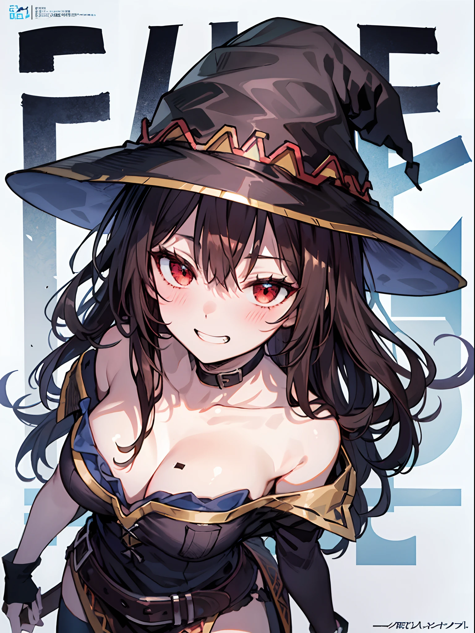 megumin, kono subarashii sekai ni shukufuku wo!, 1girl, solo, standing, looking at viewer, hat, witch hat, brown hair, short hair with long locks, red eyes, blush, evil grin, black choker, collarbone, flat chest, off-shoulder dress, dress, red dress, brown cape, long sleeves, black gloves, fingerless gloves, belt, brown belt, gold trim, zettai ryouiki, skindentation, (asymmetrical legwear:1.4), mismatched legwear, (bandaged leg:1.3), black thighhighs, (arms behind back:1.3), masterpiece,(best quality),(1girl) ,solo,(high contrast:1.2),(high saturation:1.2), ((hands on the pocket)),((black and white sdress)),looking at viewer,((white and dark blue theme:1.3)),((white and dark blue background:1.5)),((walking:1.3)),full body,((from above:1.2)), (magazine:1.3), (cover-style:1.3), fashionable, woman, vibrant, outfit, posing, front, colorful, dynamic, background, elements, confident, expression, holding, statement, accessory, majestic, coiled, around, touch, scene, text, cover, bold, attention-grabbing, title, stylish, font, catchy, headline, larger, striking, modern, trendy, focus, fashion, The text is bold and attention-grabbing, with a catchy tagline that adds to the overall feeling of drama and excitement. The color palette is mainly dark with splashes of vibrant colors, giving the poster a dynamic and visually striking appearance,tachi-e (magazine:1.3), (cover-style:1.3),