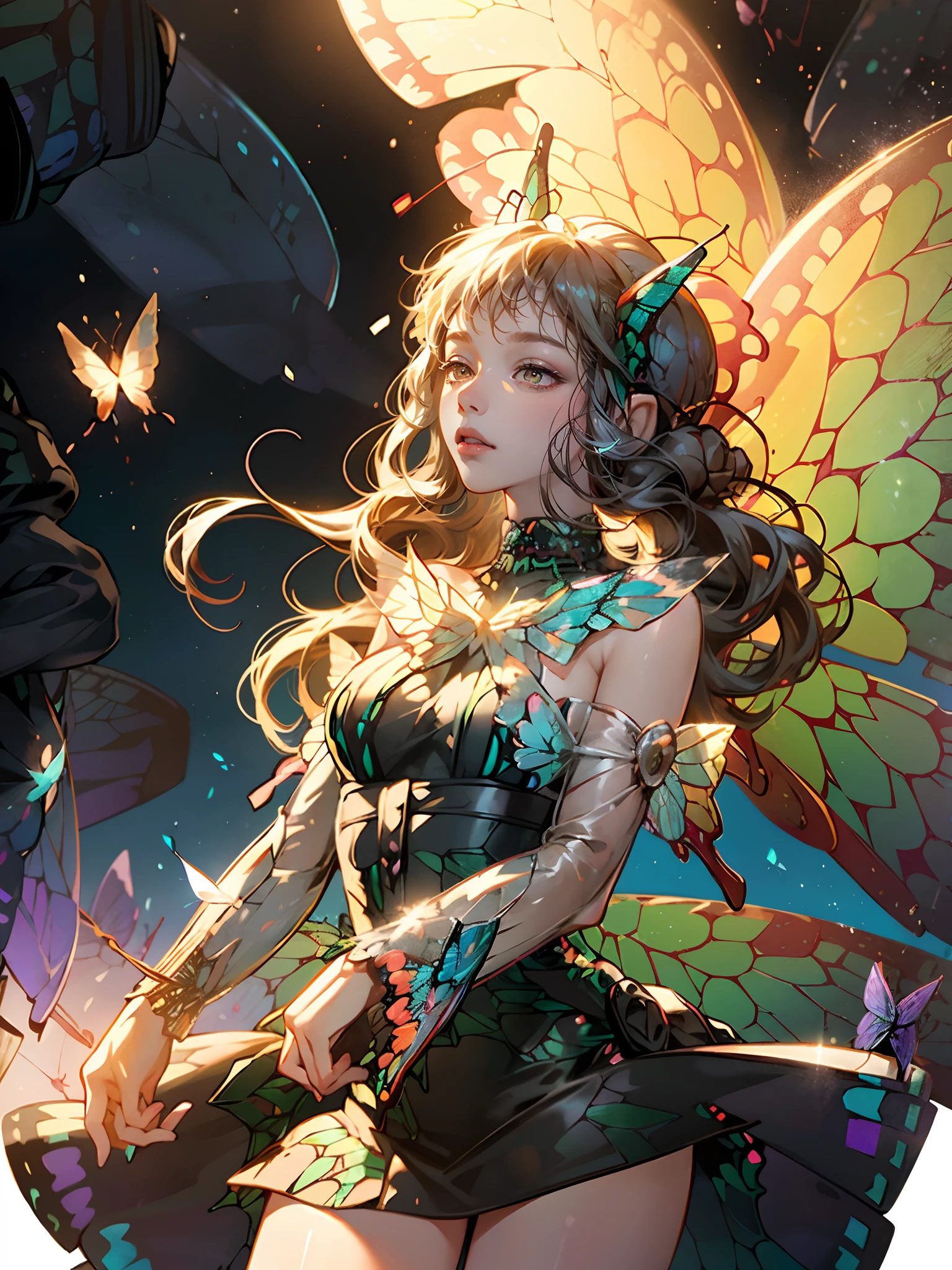woman with a drink in her hand and a fairy costume, ((beautiful transparent butterfly wings:1.5)), ((glittery wings)),  fantasy illustration, calm and peaceful facial expressions,silver pedals blowing around, cowboy shot, perfect anatomy, ((perfect shaped two arms)),detail face,break, ((glowing)) fantasy forest, break.glittering ((long)) dress ,((black)) transparent stockings,
