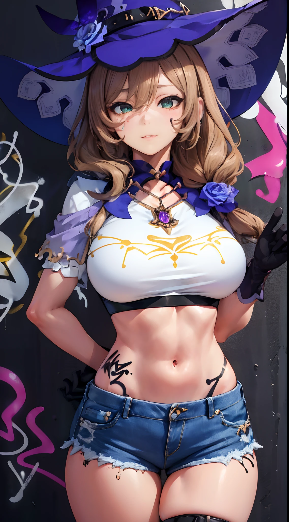 Lisa|genshin impact, master-piece, bestquality, 1girls,25 years old, shorts jeans, oversized breasts, ,bara, crop top, shorts jeans, choker, (Graffiti:1.5), Splash with purple lightning pattern., arm behind back, against wall, View viewers from the front., Thigh strap, Head tilt, bored, water eyes