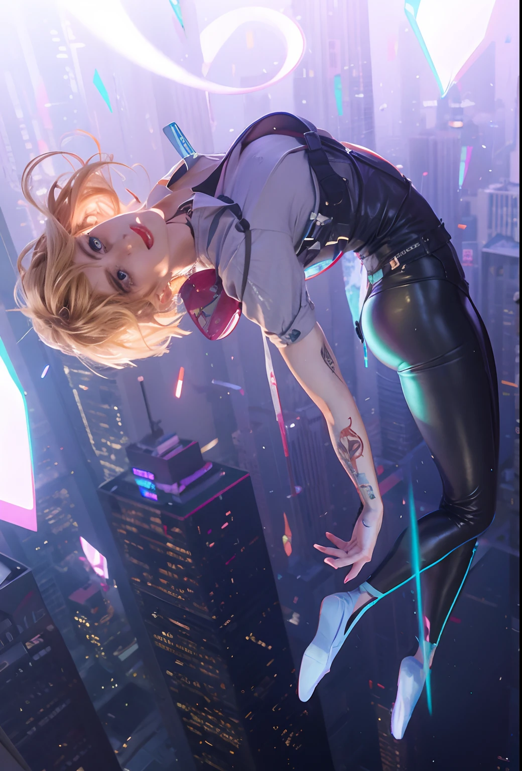 blond woman in black and white outfit hanging from a skyscraper, spider gwen, spider-gwen, spider - gwen, highly detailed giantess shot, cgsociety - w 1 0 2 4 - n 8 - i, 2 b, 2b, cgsociety inspired, cg art, giantess art, in a cybercity, giantess, gwen stacy