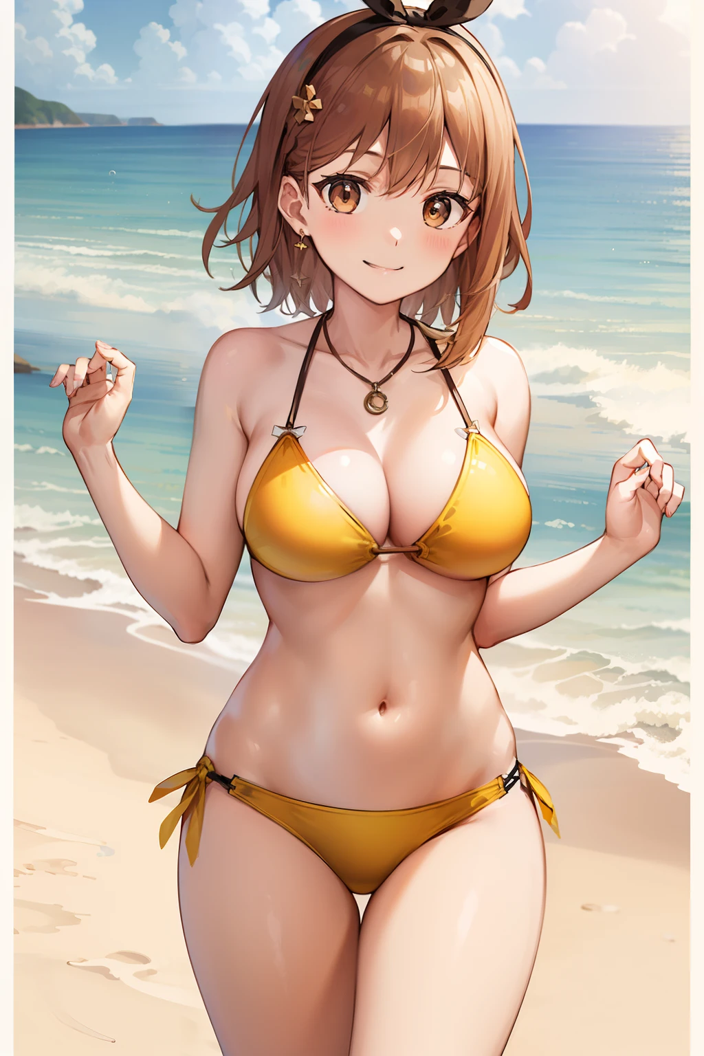 masterpiece、top-quality、hight resolution、1girl in, 独奏,(Yellow Bikini),(the beach),,A smile、is standing
