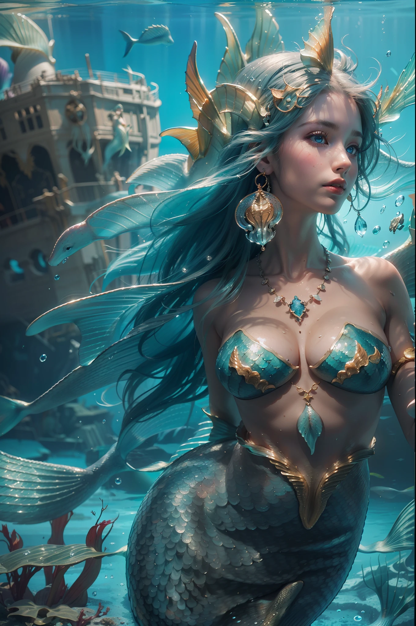 (Numerous award-winning masterpieces, with incredible detail, textures and maximum detail), (The part corresponding to both legs has a beautiful fish tail fin), (full body view of mermaid:1.7), (hyper realistic:1.4), (realistic:1.3), (upper body up:0.3), (Many many gold and silver treasures are sunk around: 1.8), (best quality real texture skin), (((in water))), (shallow coral reef: 1.5), (daytime bright sea: 1.6), (finely detailed true circle Symmetrical eyes), (beautiful and delicately drawn face), ((medieval world)), (full body display of mermaid: 1.7), ((mermaid)), ((mermaid princess)), ((mermaid nobility)), (clear eyes that shine brightly in the eyes), (She has a mischievous smile on her face), (Sunken ship with treasure:1.8), temple Sunken in a coral reef, ancient Sunken city, Sunken temple, Sunken great cathedral, Sunken detached temple, Sunken Ruins of an ancient castle, (Shining majestic water and light:1.2), coral reef, (Eyes that glow blue in the dark:1.5), ( pair of Ice-blue eyes with strong blue light emitting from within:1.5), (bio luminescence:1.5), (full body view of mermaid:1.7), (Underwater Treasure: 1.8), (Swirling water stream and tidal current in the background), (Dramatic Light), (A majestic sight), (Her countenance is gentle and beautiful), Glass earrings on the ears, (dramatic photo:1.4), (dramatic pose), (flamboyant photo), (golden hair), (silver hair), (chestnut hair), (full body view of mermaid:1.7), ((looks up)), ((looking down)), (Around her neck is a simple necklace of exquisite workmanship), (Bio luminescence with a brilliant glow:1.3), (Use flashy Hydro magic:1.2), (beautiful fish in the surroundings), (full body view:1.7), epic realistic, faded, art, (Greg rutkowski:0.8), (teal and orange:0.4), (art station:1.5), cinematic, ((neutral colors)), (hdr:1.5), (muted colors:1.2), hyper detailed, dramatic light, (intricate details:1.1), complex background,
