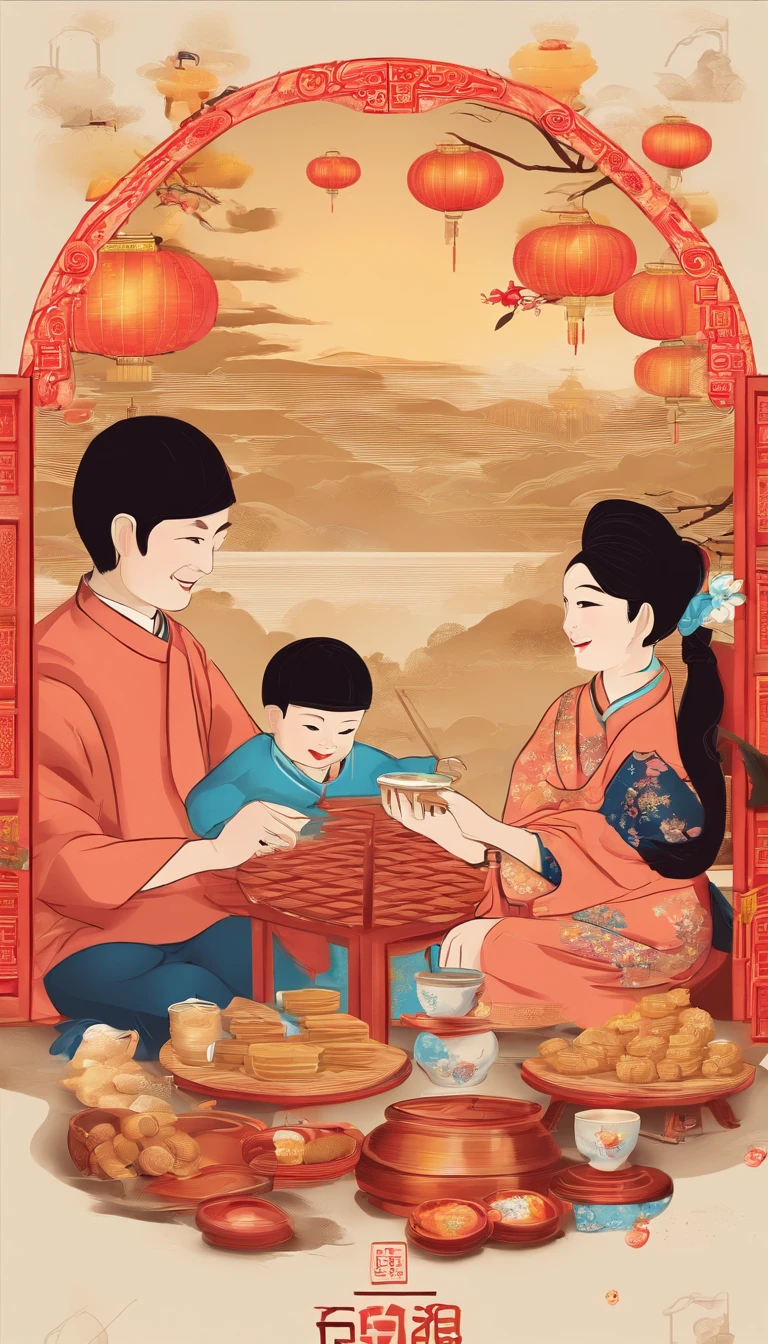 Family sitting at a table eating mooncakes，Men honor their parents with gifts in their hands, Happy family, There are mooncakes on the table,Gift in hand， tea drinking and paper lanterns, Another bright moon in the sky，warm and joyful atmosphere, Digital illustration, Poster illustration, ???, , digital illustrations , Chinese style painting, , exciting illustration,