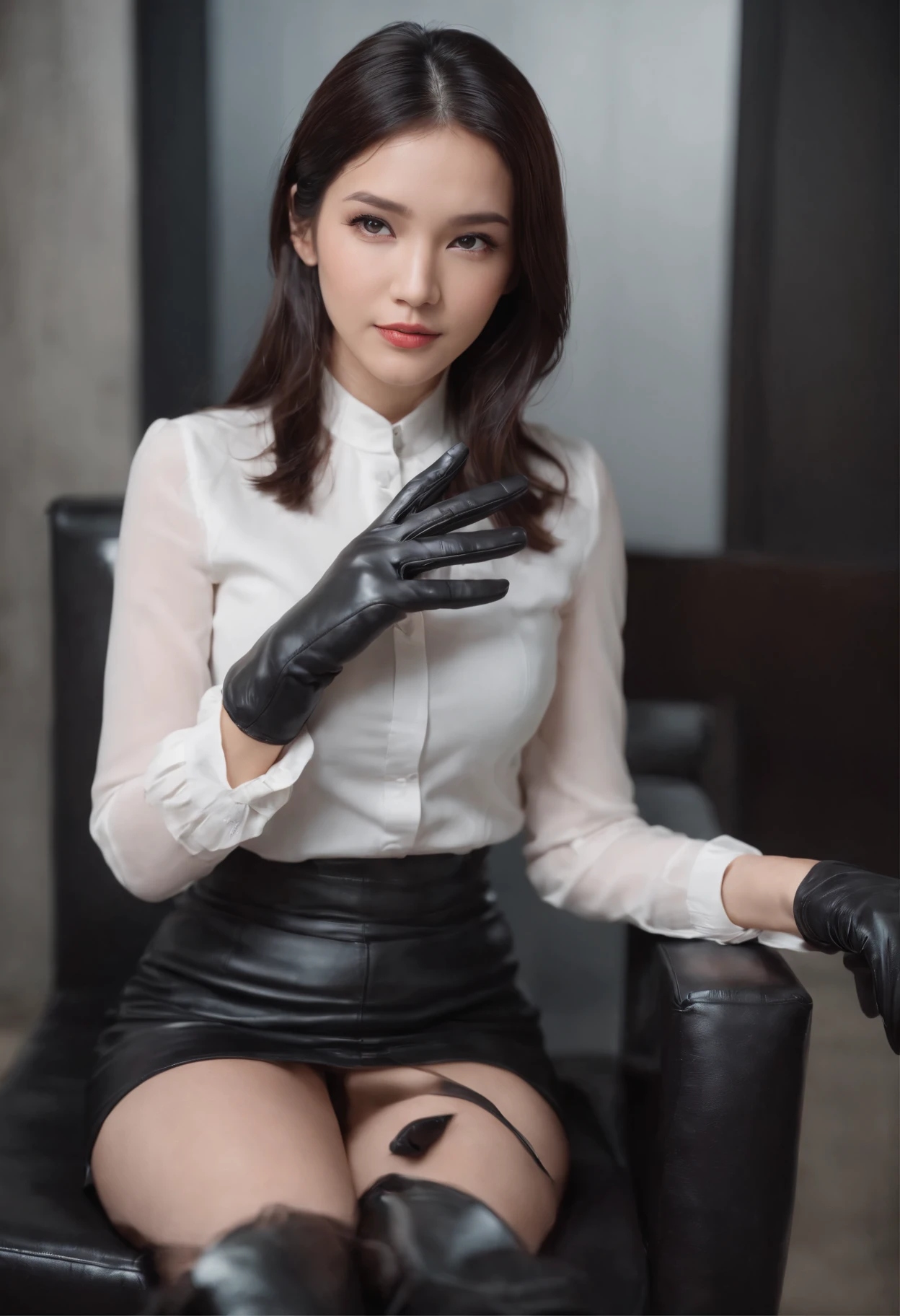 Black leather gloves with five fingers in both hands, black leather tight skirt, white blouse, black leather long boots, Japanese girl with straight black hair, sit on a leather chair with her feet aligned, both hands of leather gloves are aligned on her knees