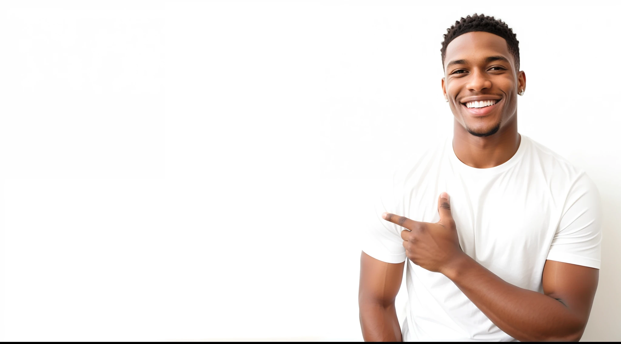 homem sorridente de camisa branca apontando para algo com o dedo, Adolescente negro, Homem de pele marrom com um sorriso gigante, bonito hip hop jovem negro, Jovem com short, sorriso confiante sutil, adolescente do sexo masculino, man is with black skin, sorrindo confiante, vestindo uma camiseta branca muscular, young man with medium - length, warm friendly expression, jovem atraente
