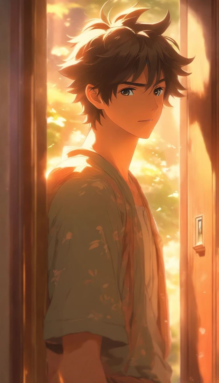 /imagine prompt: A young man standing at the door, breathing heavily, with a tired expression on his face. Elder He inside the door immediately notices his arrival and stops his actions, welcoming him with respect on his face. The surroundings are peaceful, with sunlight streaming through the windows and casting a warm and comfortable feeling.,32k, best quality, masterpiece, super detail, high details, by Makoto Shinkai ,in the style of the stars art group xing xing, --niji 5"