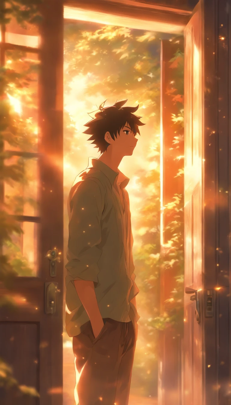 /imagine prompt: A young man standing at the door, breathing heavily, with a tired expression on his face. Elder He inside the door immediately notices his arrival and stops his actions, welcoming him with respect on his face. The surroundings are peaceful, with sunlight streaming through the windows and casting a warm and comfortable feeling.,32k, best quality, masterpiece, super detail, high details, by Makoto Shinkai ,in the style of the stars art group xing xing, --niji 5"