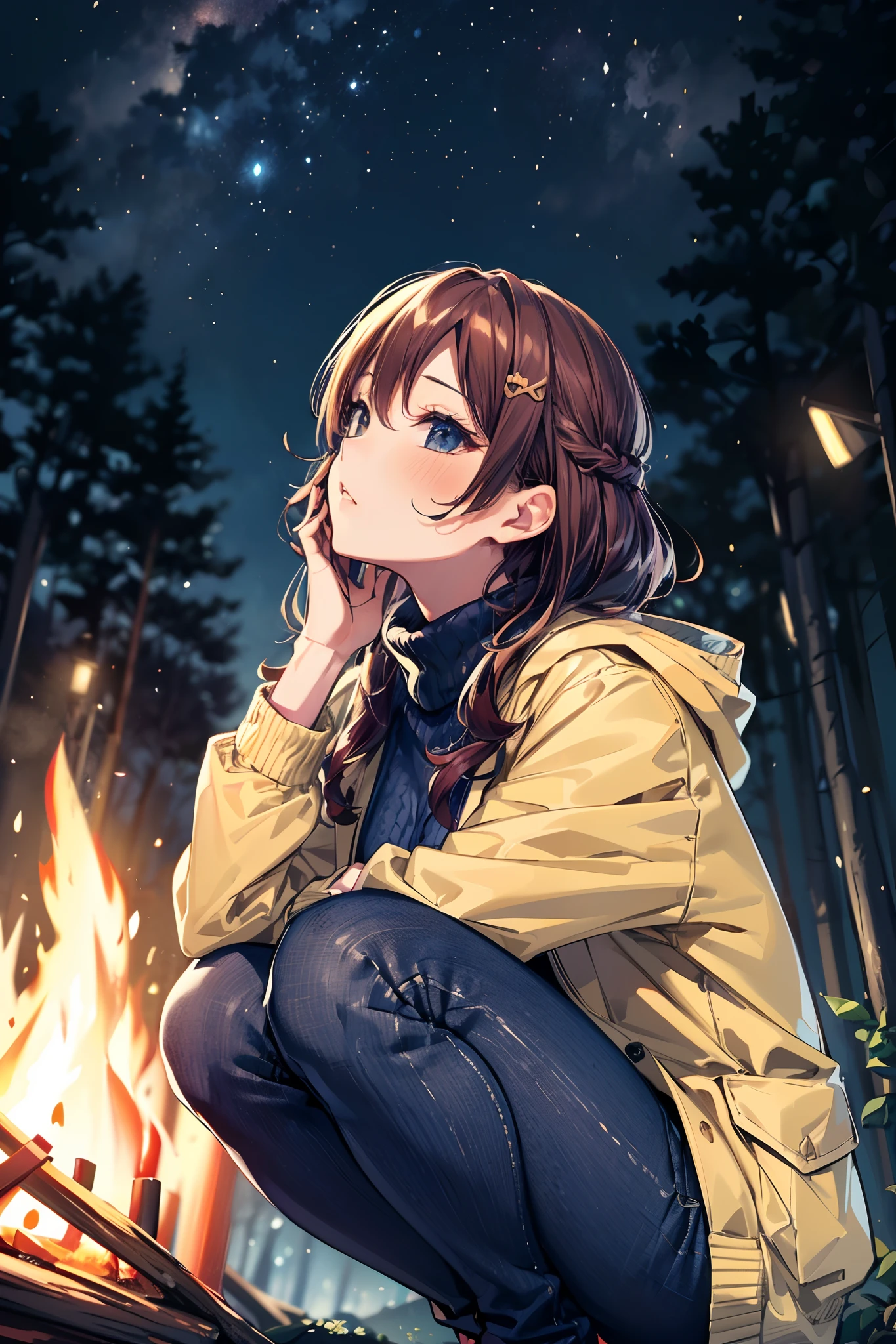 ((landscape photography, in a forest)), cute anime girl (sitting in front of a bonfire), cozy wallpaper, anime moe artstyle, kantai collection style, 4 k manga wallpaper, anime visual of a cute girl, anime wallaper, anime style 4 k, beautiful anime girl squatting, high quality anime artstyle, (anime girl), 🍁 cute, (wearing turtle neck cable-knit with outdoor jacket, deep navy blue skinny denim:1.3), ((dark chestnut medium short hair:1.25, updo, wavy hair)), outdoor, in a park, (blurry background, bokeh), sunset, (in a night:1.2), ((ultra high resolution, 8K RAW photo, photo realistics:1.2, high detailed)), textile shading, fine detailed face, beautiful detailed eyes, (looking away, looking up night sky:1.2), (correct anatomy:1.5), (dynamic angle, long frame shot:1.3), from below, from behind,