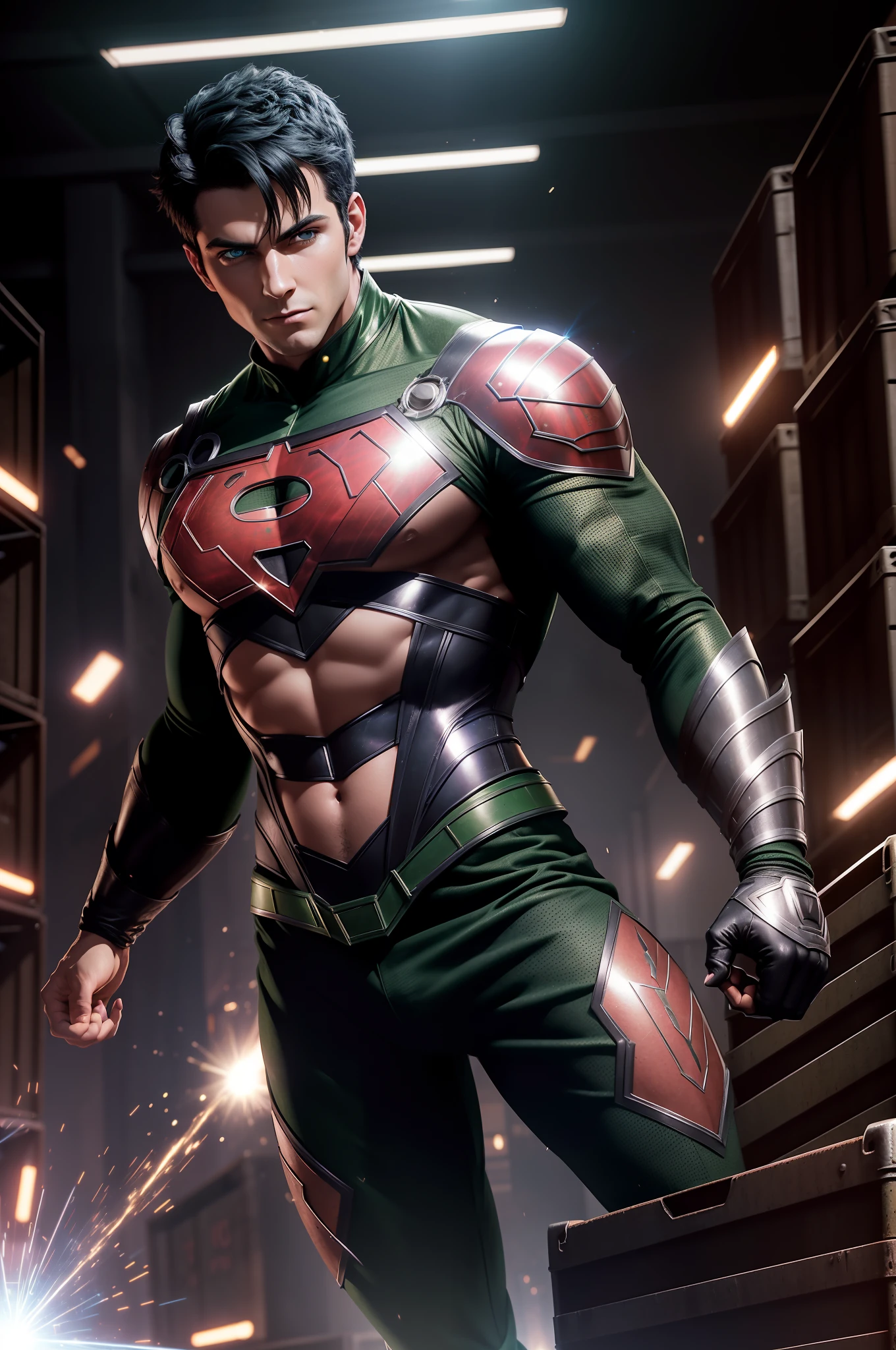 super-hero, man, 25-year old, short black hair, blue eyes, (green costume:1.3), black corset, levitating metal crates, photorealistic, particle effects, ray tracing, depth of field, ((2 steel discs on chest))