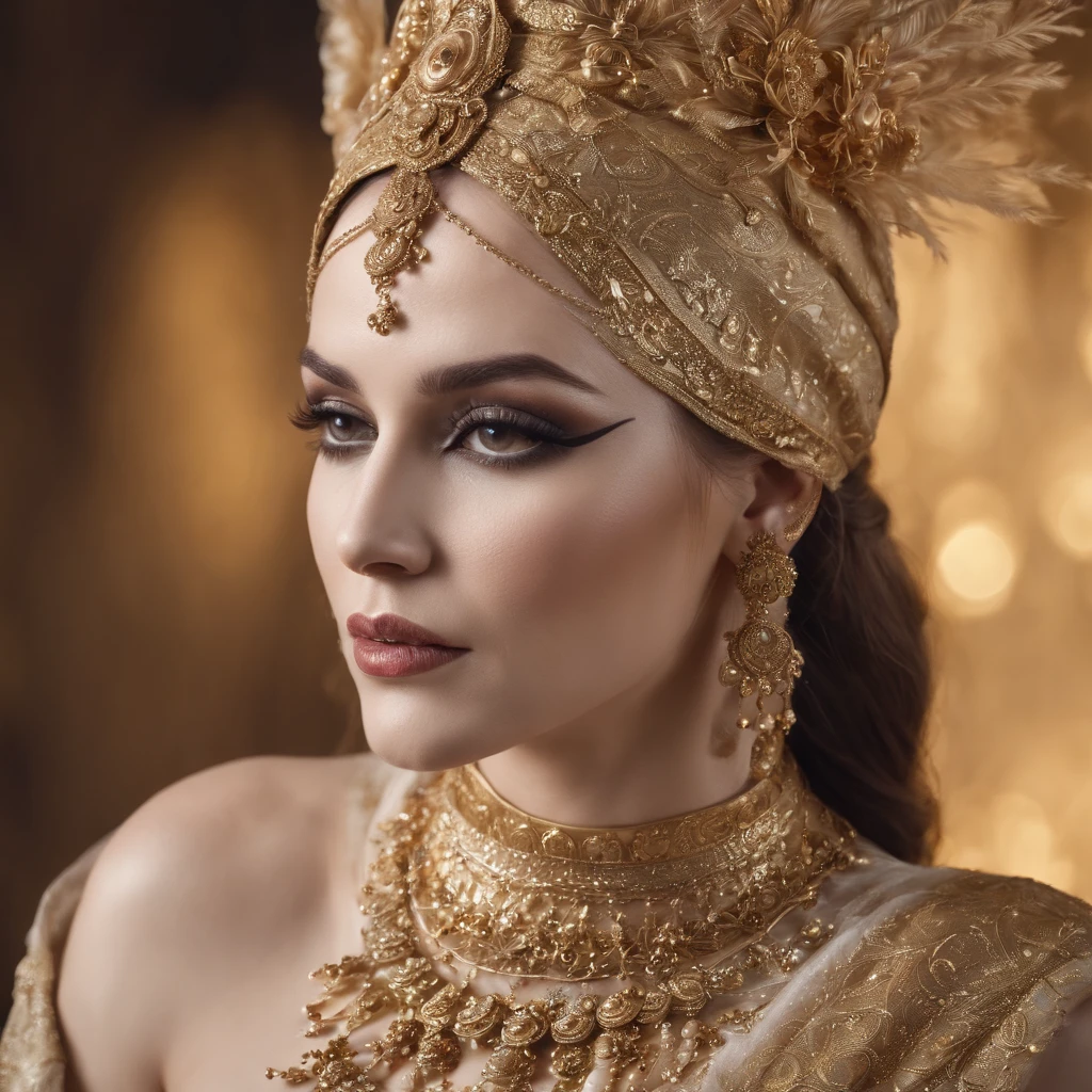 A woman in a gold dress and headpiece with feathers - SeaArt AI