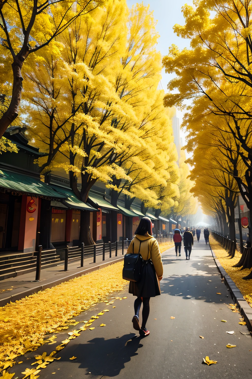The streets of Chengdu in autumn,Ginkgo biloba falls all over the ground,Pedestrians smile and look at the yellow leaves of the tree