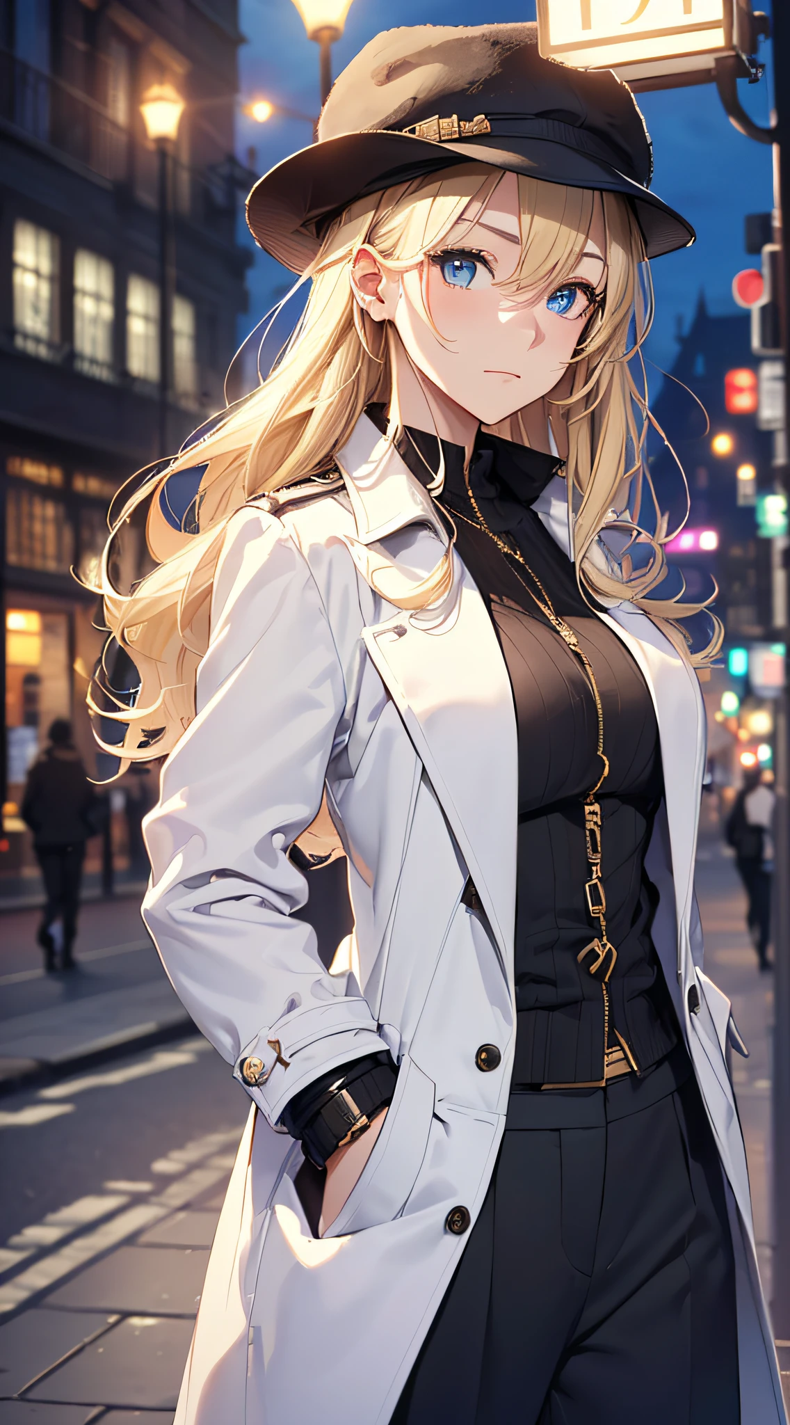 top-quality、Top image quality、​masterpiece、girl with((18year old、White Open Y-Shirt、deerstalker hat、Stylish long coat、Black pants、Best Bust、Bust 85、a blond、Longhaire、Blue eyes、open chest wide、Valley、Happiness、Black wristband on wrist、A slender、耳Nipple Ring、The wind blows,Stick your hands in your pockets、close to viewer、cool expression)）hiquality、Camera film style、Background with((London by night、In front of the hotel))、masutepiece、