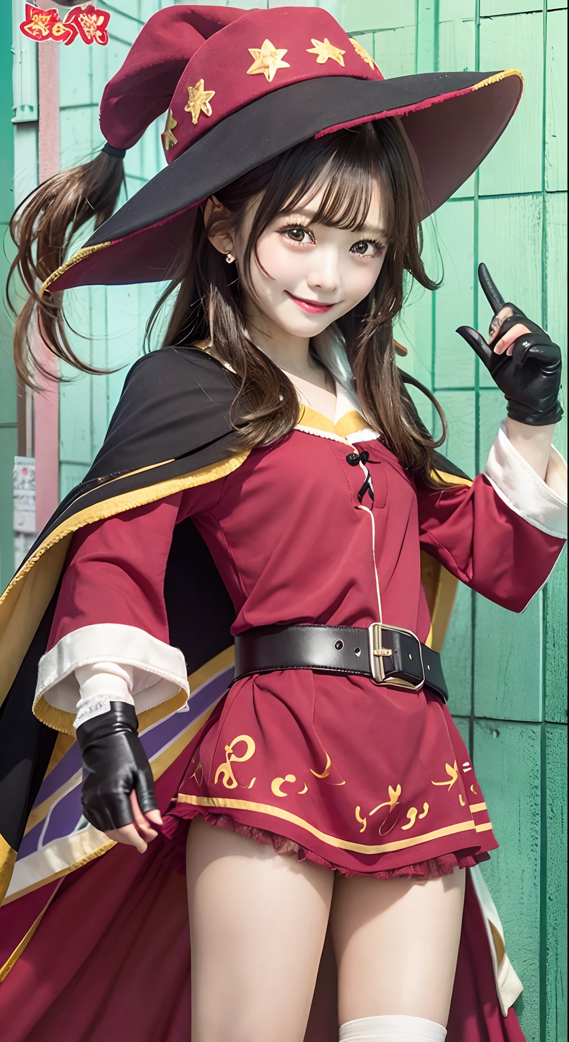 masutepiece, Best Quality, hightquality , Megu KJ , Holding, Belt bag, bandaged, single thighhigh , Bandaged Legs, Meg Dress, Megu has, gloves, Cape Megou,cowboy shot、A smile、Black hat、A smile、japanes、Gamine