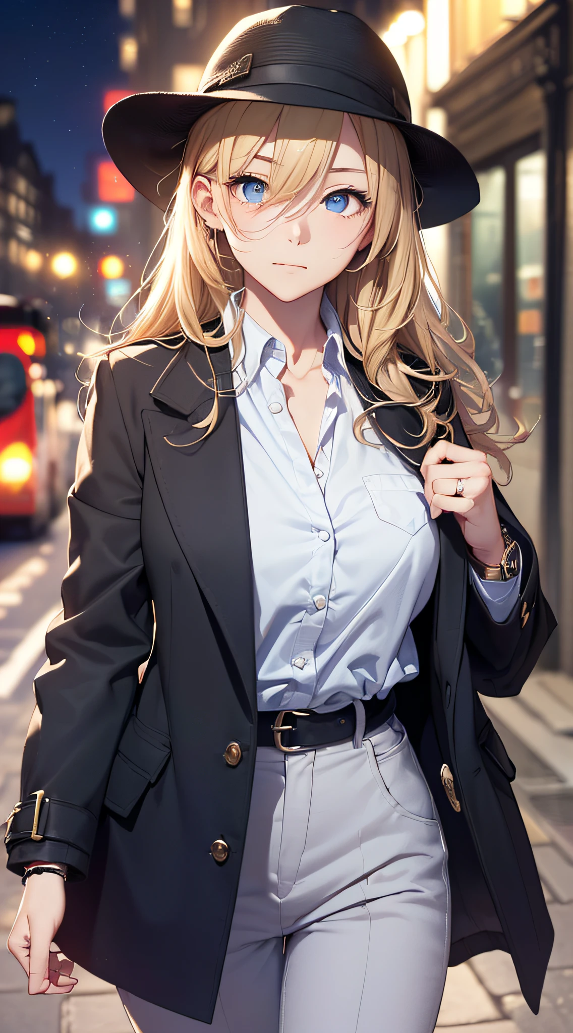 top-quality、Top image quality、​masterpiece、girl with((18year old、White Open Y-Shirt、deerstalker hat、Stylish long coat、Black pants、Best Bust、Bust 85、a blond、Longhaire、Blue eyes、open chest wide、Valley、Happiness、Black wristband on wrist、A slender、耳Nipple Ring、The wind blows,Stick your hands in your pockets、close to viewer、cool expression)）hiquality、Camera film style、Background with((London by night、In front of the hotel))、masutepiece、