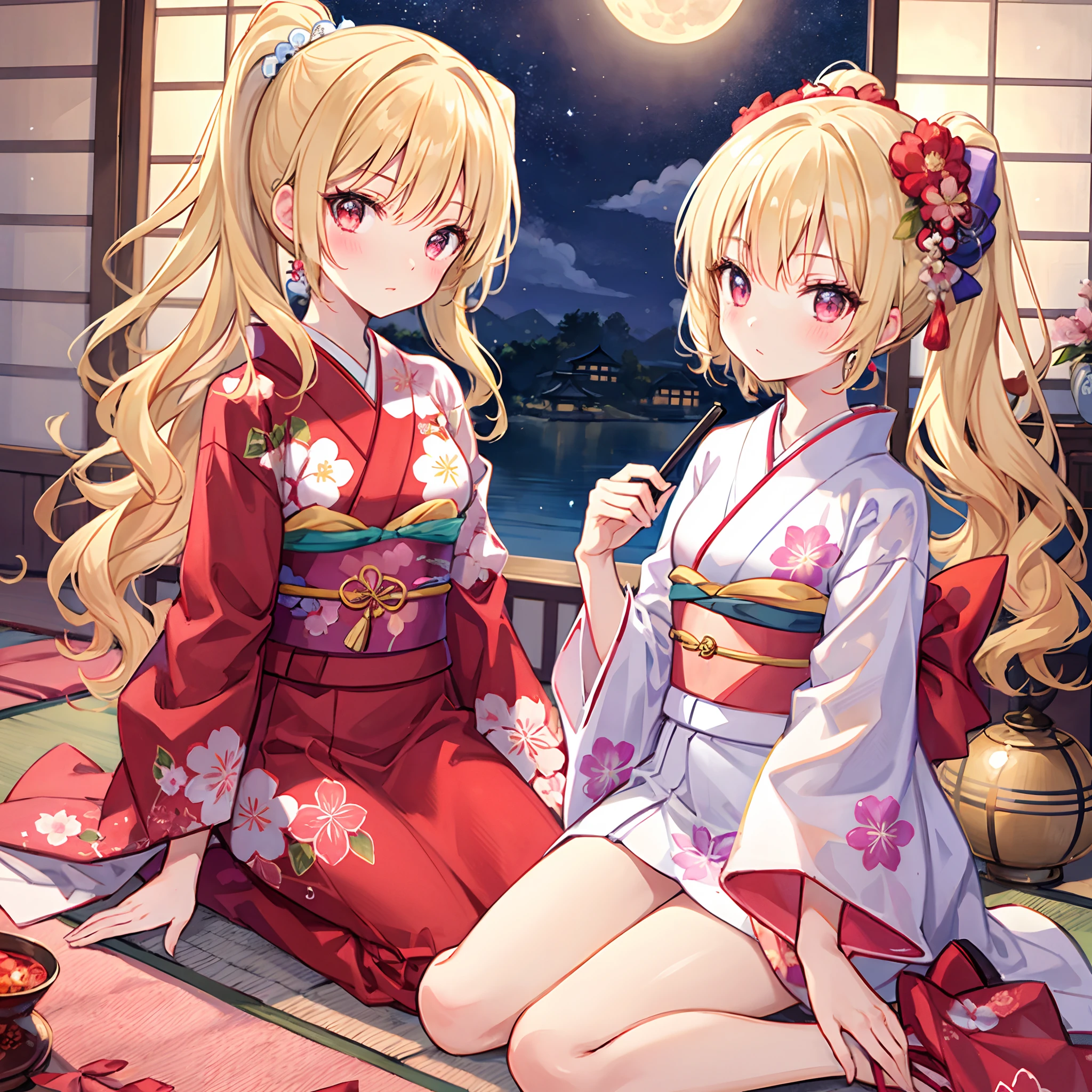 Wavy blonde、Hair is up、red eyes、sparkly eyes、Beautiful girl alone、Floral kimono、Beautiful moon、natta、red blush、traditional Japanese room