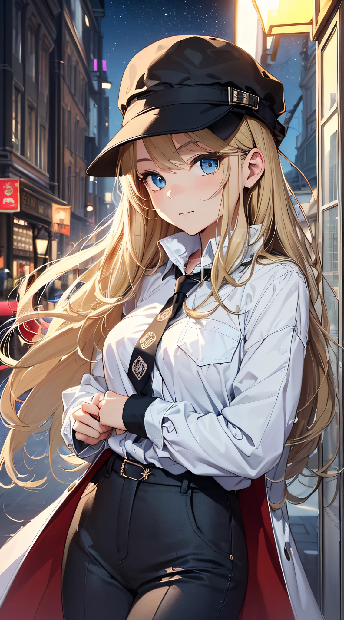 top-quality、Top image quality、​masterpiece、girl with((18year old、White Open Y-Shirt、deerstalker hat、Stylish long coat、Black pants、Best Bust、Bust 85、a blond、Longhaire、Blue eyes、open chest wide、Valley、Happiness、Black wristband on wrist、A slender、耳Nipple Ring、The wind blows,Stick your hands in your pockets、close to viewer、cool expression)）hiquality、Camera film style、Background with((London by night、In front of the hotel))、masutepiece、