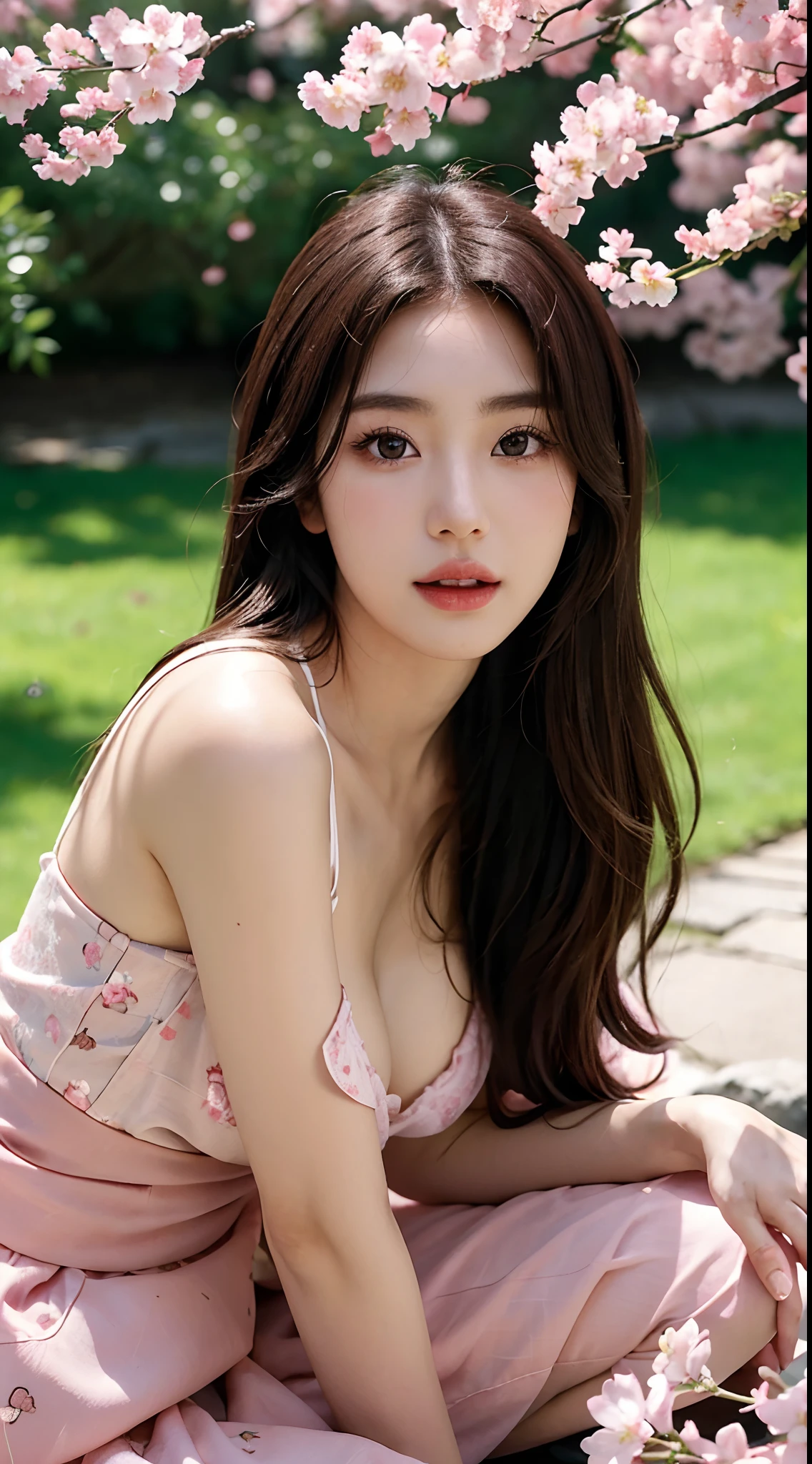 Best quality, 4K,8K,Realistic, Photorealistic, extremely detaile, An extremely delicate and beautiful, Photo, Japanese and Korean beauties，South Korean beauties，Wear JK, mini-skirts，Large breasts，perfect boobs，(Beautiful detailed eyes,beautiful detailed lips,Extremely detailed eyes and face,long eyelasher), Beautiful hair, joyful expressions, Surrounded by cherry blossom trees, Kawaii style, In a picturesque garden full of sunshine. The artwork is of the best quality, With ultra-detailed features and realistic, Realistic touch. vibrant with colors，The lighting creates a warm atmosphere, Dreamy atmosphere.