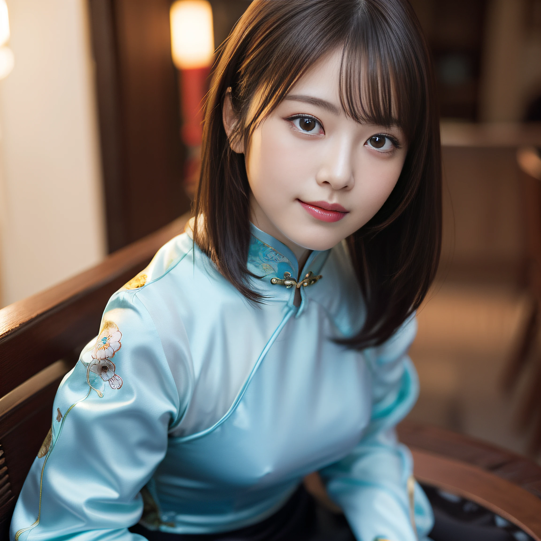 in 8K,Best Quality:1.4, 超A high resolution:1.5, (Photorealistic:1.4),​masterpiece:1.2,(top-quality:1.4)、 Raw photo、 １a japanese girl、 Cute、middlebreasts:1.5、 (Solo), (Shy smile), Smooth skin、30-years old:1.5、Beautiful black eyes、natural skin textures:1.3, realistic eyes and face details:1.8、 (Brown medium hair,Bangs), (touch hair:1.4)、nogizaka、 (cheongsam clothing:1.4)、(happy smail:1.3)、Supple fingertips、Beautiful black eyes、natural skin textures:1.3, realistic eyes and face details:1.7、gazing at viewer、FULL BODYSHOT:1.8、beauty legs、Chinese Restaurant、gravure、attractive girl、thighs thighs thighs thighs