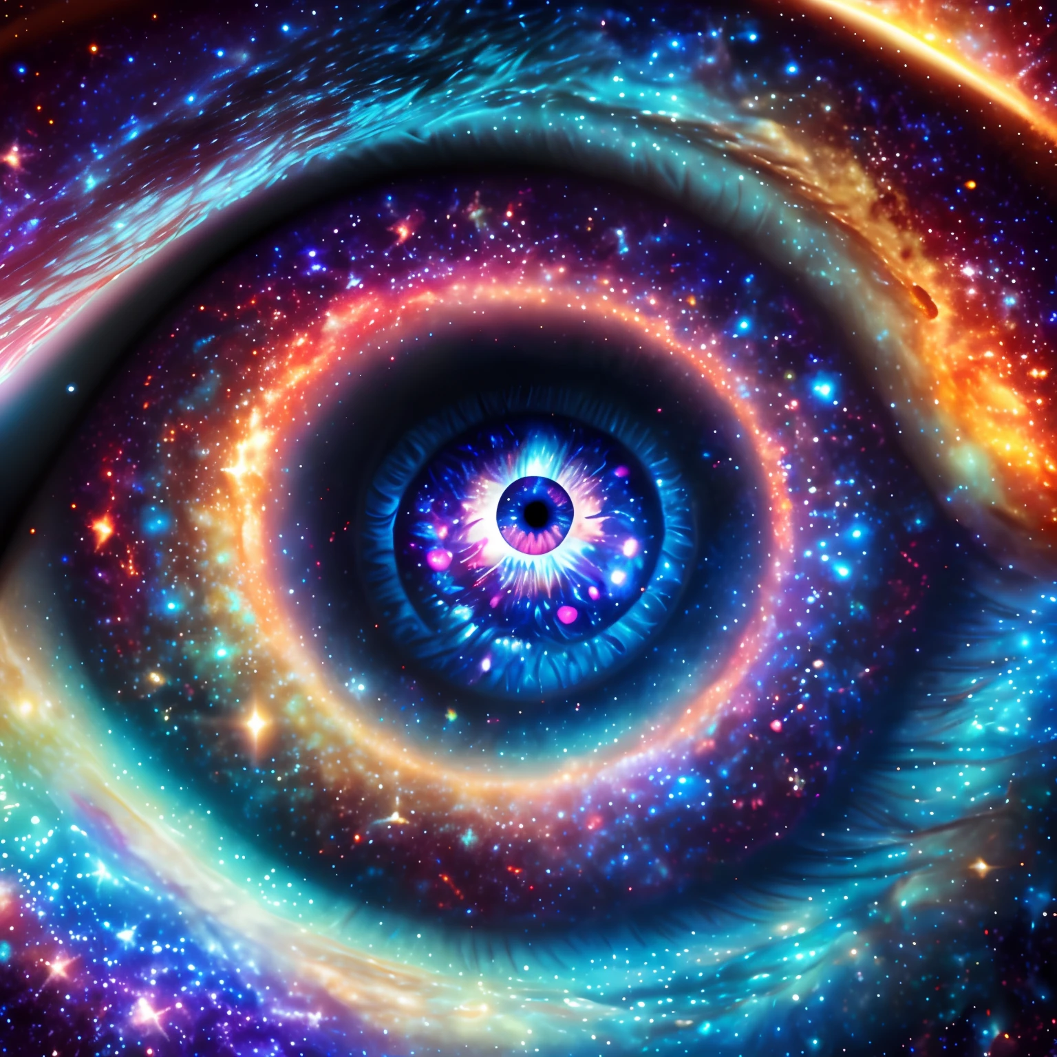 Spiral image of stars and blue eyes, the eye of the universe, galaxy in the eye 👁️, The Eye of God, Milky Way in the eyes, The eyes are rainbow spirals, many eyes in space, cosmic and colorful, mystic eye, The eyes are colorful spirals, gateway to another universe, Portrait of a mystical giant eye, Eye of God Ra