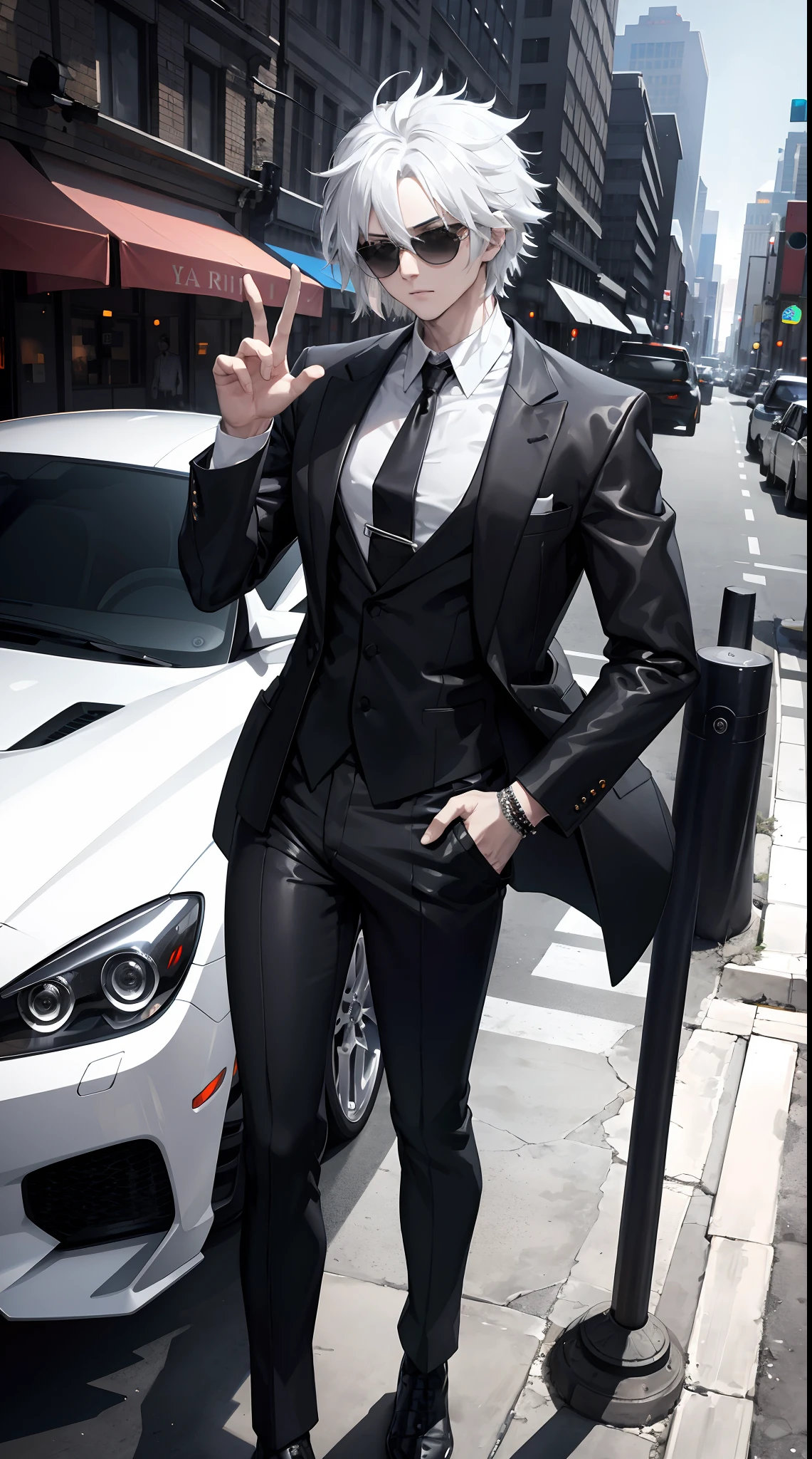 (masterpiece:1.2, best quality), 8k,Sharp focus, 1 cool guy posing in a sports car, white hair, Short and messy hair, Wearing sunglasses, Wearing a black suit with a white shirt and tie,Dynamic pose, city background,