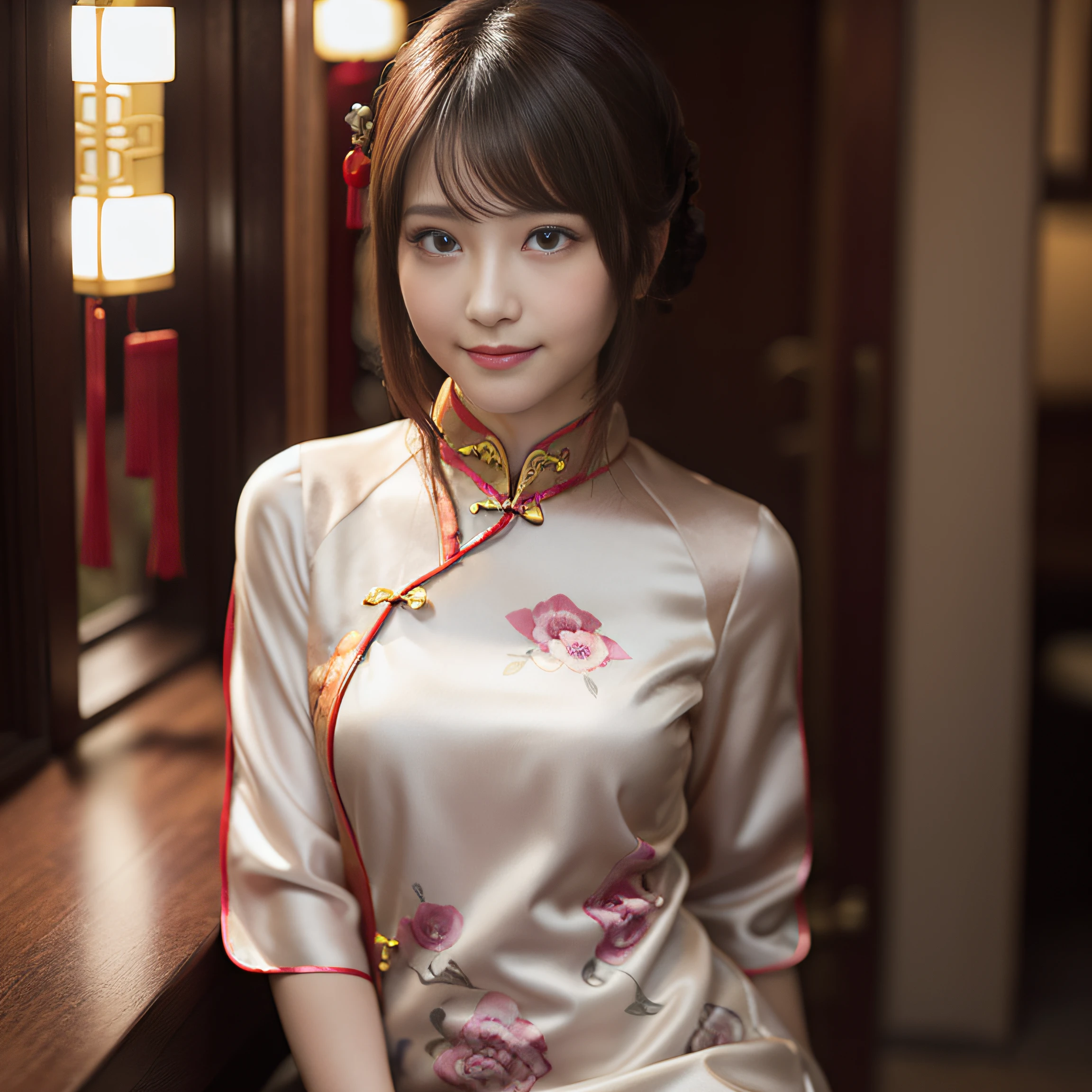 in 8K,Best Quality:1.4, 超A high resolution:1.5, (Photorealistic:1.4),masterpiece:1.2,(top-quality:1.4)、 Raw photo、 1a japanese girl、 Cute、middlebreasts:1.5、 (Solo), (Shy smile:1.3), Smooth skin、30-years old:1.5、Beautiful black eyes、natural skin textures:1.3, realistic eyes and face details:1.8、 (Brown medium hair,Bangs), (touch hair:1.4)、nogizaka、 (cheongsam clothing:1.4)、Supple fingertips、Beautiful black eyes、natural skin textures:1.3, realistic eyes and face details:1.7、gazing at viewer、FULL BODYSHOT:1.8、beauty legs、Chinese Restaurant、gravure、attractive girl、thighs thighs thighs thighs