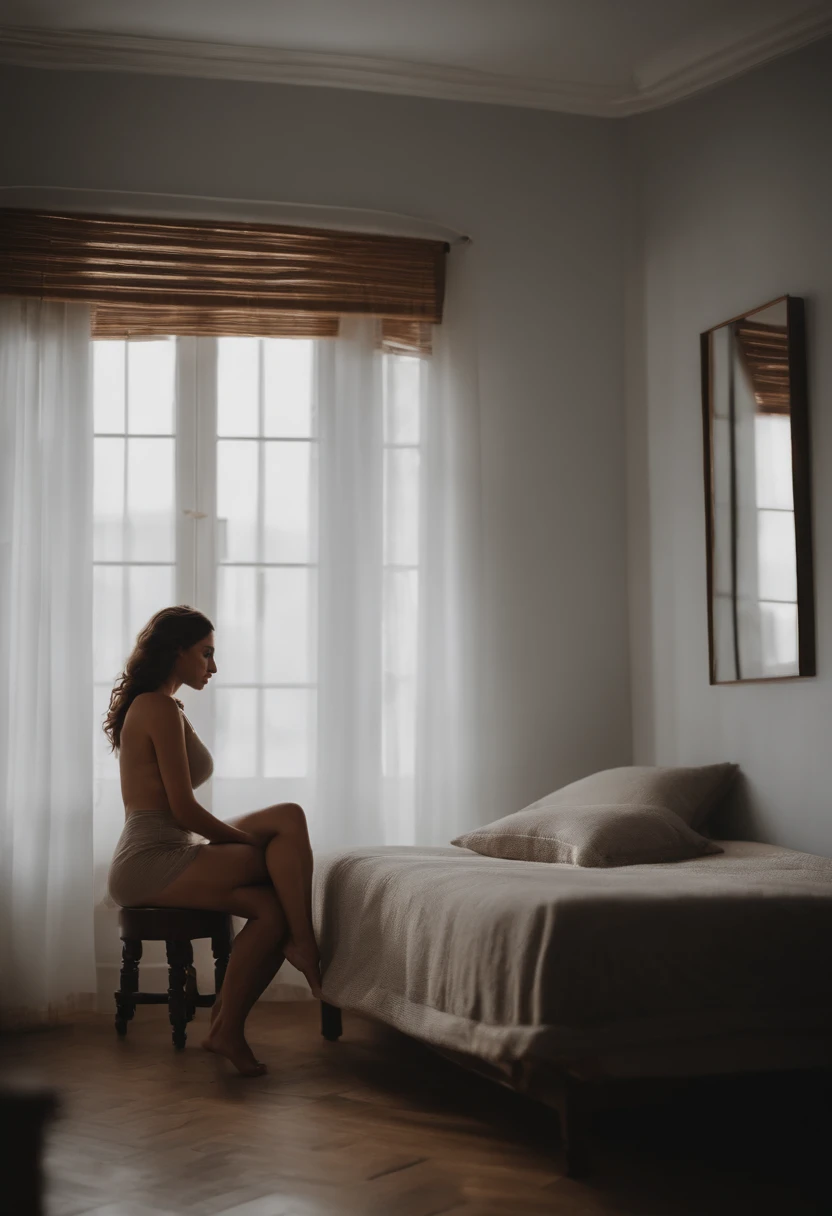 mulher muito linda, de frente, no contra luz, cabelos castanhos longos, symmetrical face, corpo perfeito, vestindo uma camisola branca translucida, middlebreasts, cintura desenhada, Pernas lindas, She's in her room near the window, luz suave, sombras perfeitas, Realistic, 8k.,