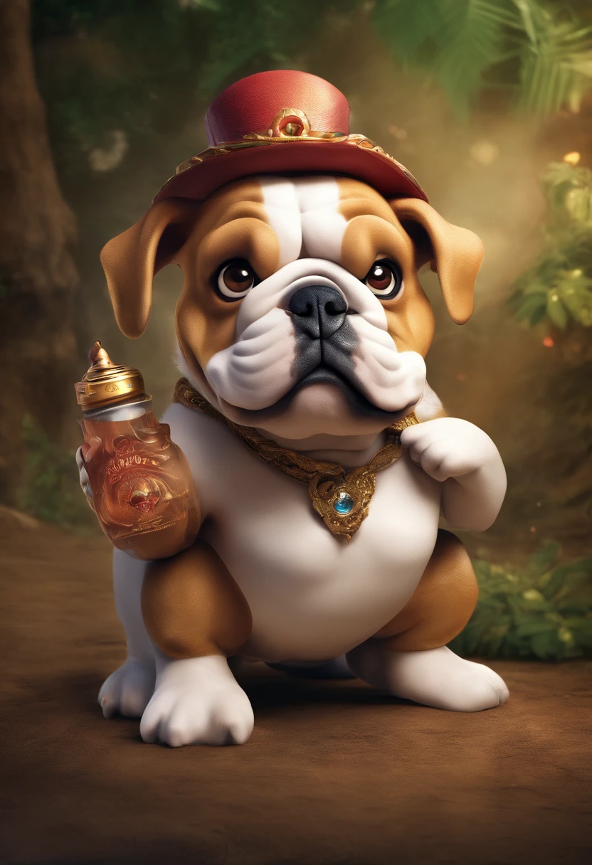 make an exotic english bulldog , with a bottle in its mouth, pixar disney style 3d