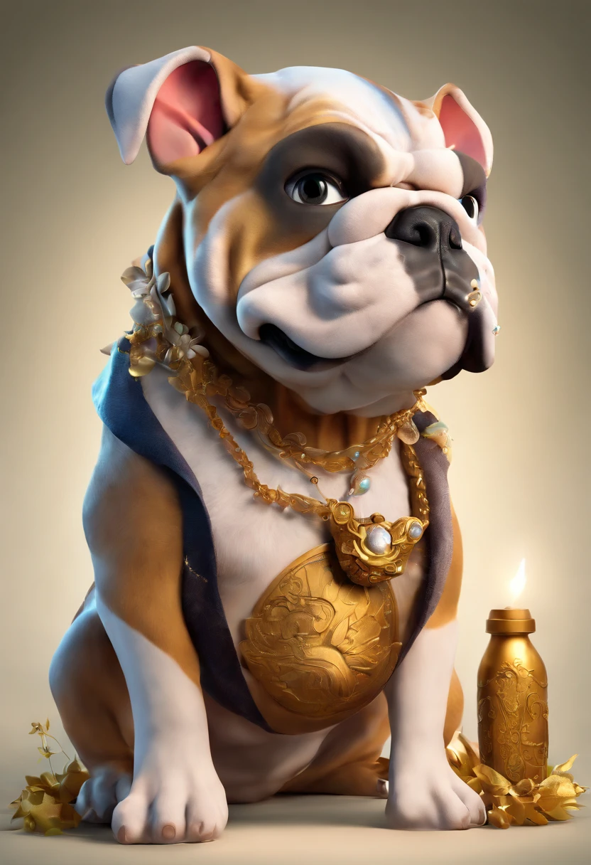 make an exotic english bulldog , with a bottle in its mouth, pixar disney style 3d