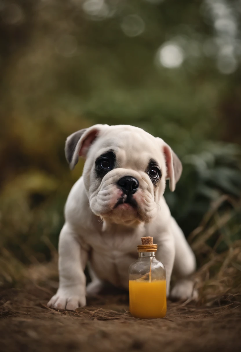 make an exotic english bulldog , with a bottle in its mouth, pixar disney style 3d