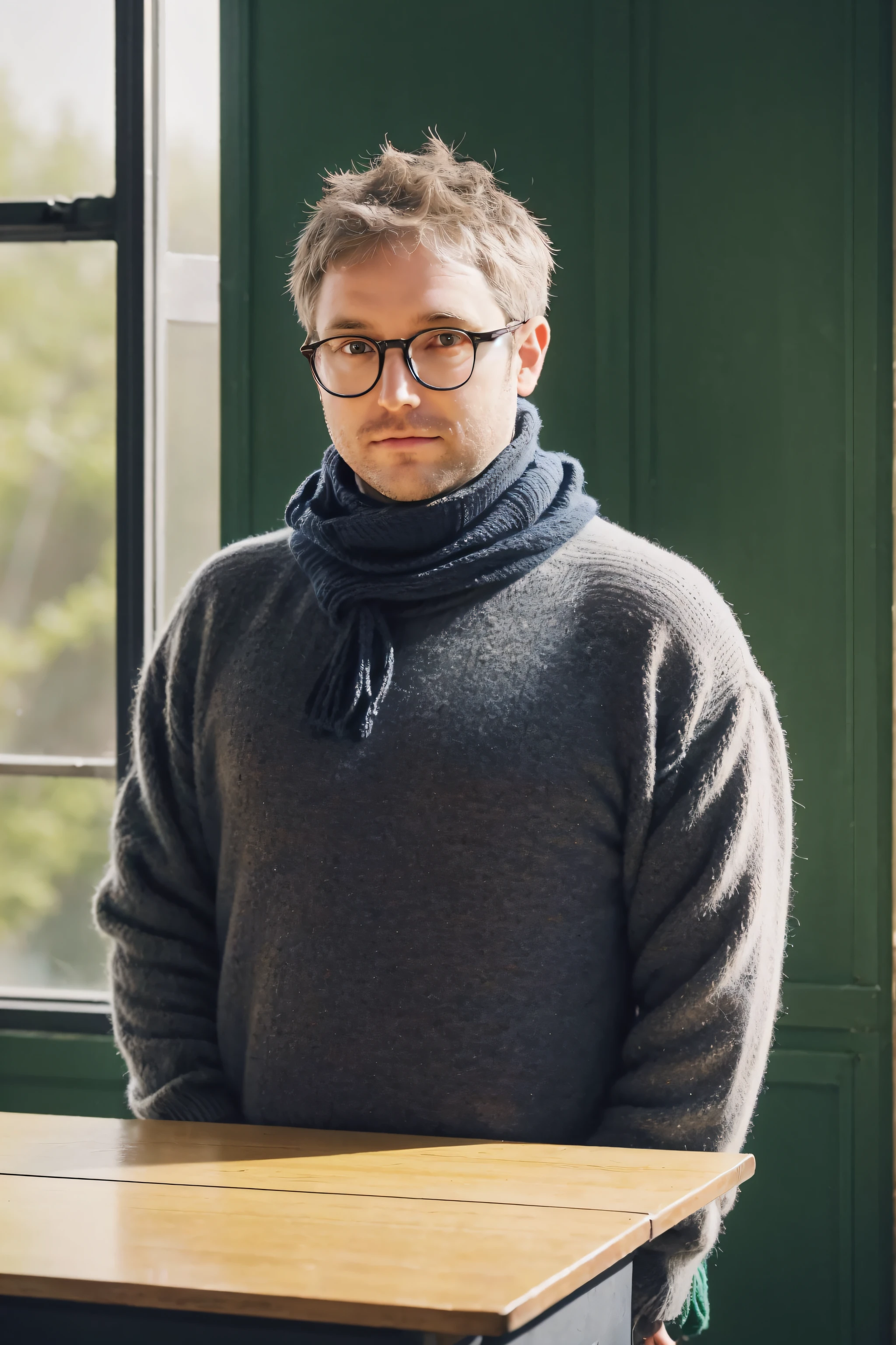 Prompt 1:
NathanLeserman, a dedicated school teacher, stands at the front of a classroom, chalk in hand, writing equations on a blackboard. He's dressed in winter clothes, a thick woolen sweater and a scarf wrapped snugly around his neck. The room is bathed in a soft, golden glow, highlighting the deep blue of his sweater, the rich brown of the wooden desks, the vibrant green of the plants by the window, and the subtle gray of the winter sky outside.