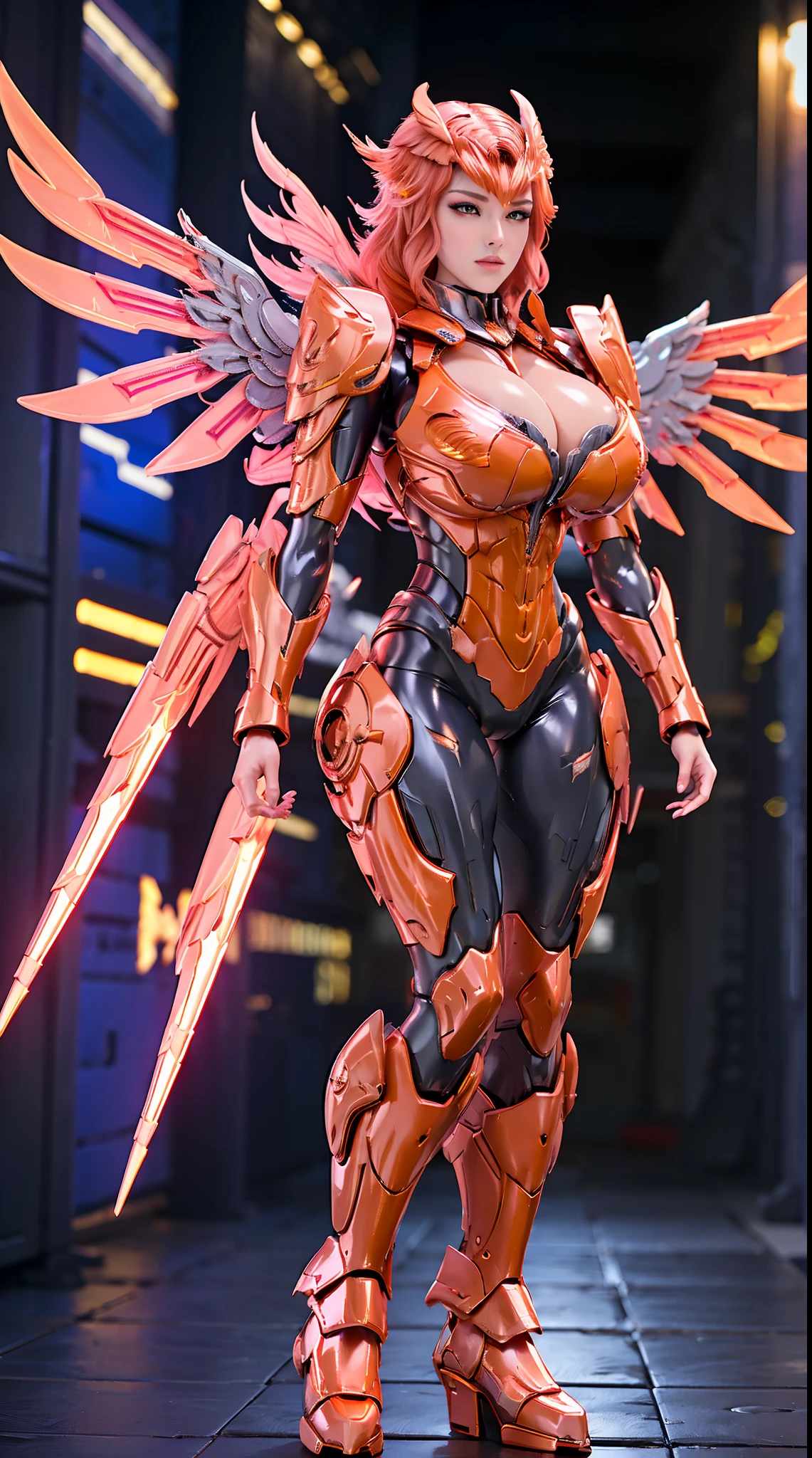 FIRE PHOENIX, HUGE BOOBS, MECHA ARMOR FULL SUIT, (CLEAVAGE), (A PAIR LARGEST PHOENIX WINGS), TRANSPARANT, TALL LEGS, STANDING, SEXY BODY, MUSCLE ABS.