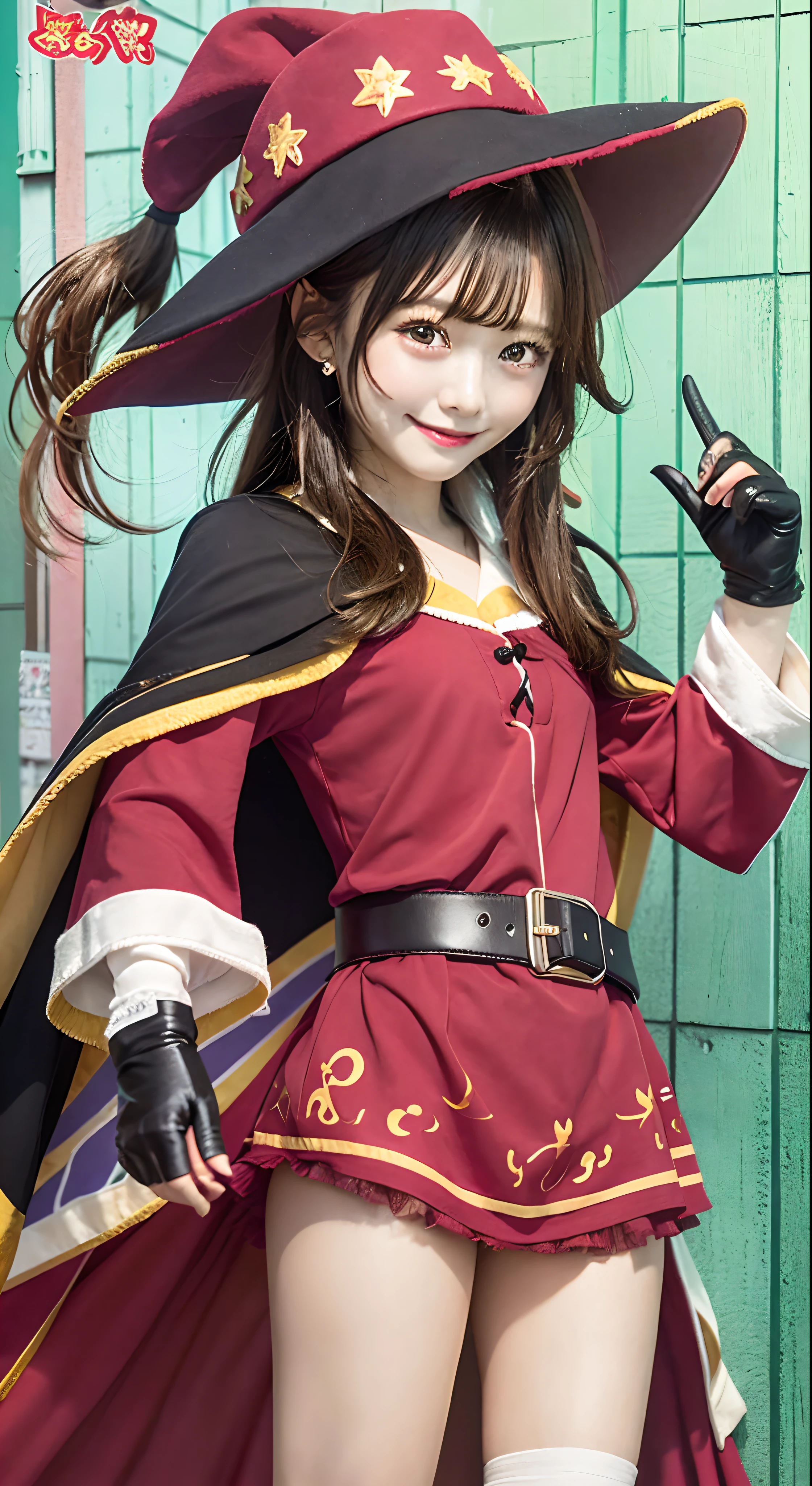 masutepiece, Best Quality, hightquality ,  Megu KJ , Holding, Belt bag, bandaged, single thighhigh , Bandaged Legs, Meg Dress, Megu has, gloves, Cape Megou,cowboy  shot、A smile、Black hat、A smile、japanes、Gamine