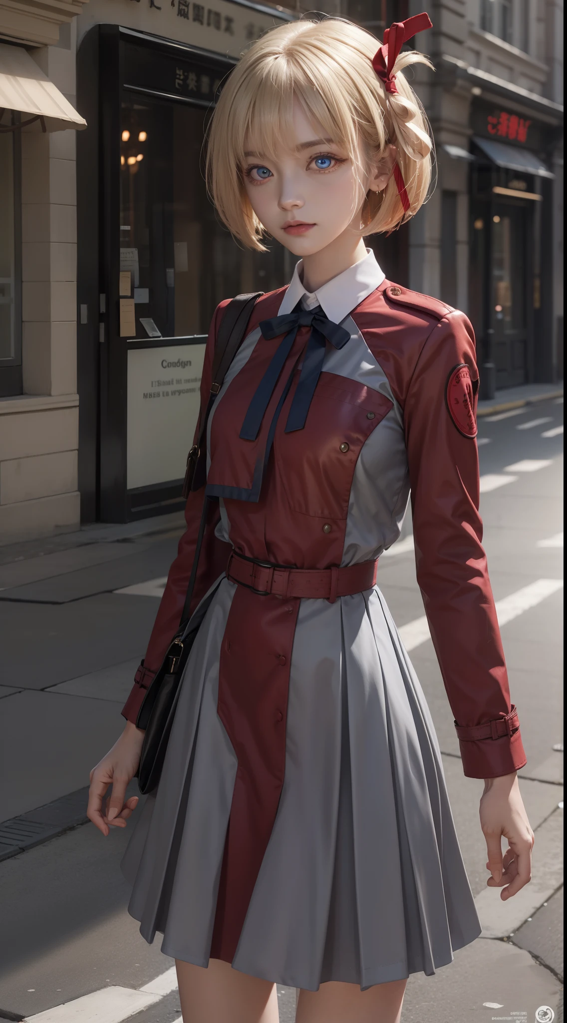 Thousands of miles of brocade, Chisato Nishiki, Short hair, bangs, Blonde hair, (Red eyes:1.5), Hair ribbon, one side up, Bob cut, BREAK  shirt, Long sleeves, dress, ribbon, White shirt, Collared shirt, belt, Neck ribbon, Red dress, Blue ribbon, Pleated dress, grey dress, Two-tone dresses, Red belt, Lycoris Uniform,, BREAK outdoors, City, BREAK looking at viewer, Break (Masterpiece:1.2), Best quality, high resolution, Unity 8k wallpaper, (illustration:0.8), (Beautiful detailed eyes:1.6), Extremely detailed face, Perfect lighting, Extremely detailed CG, (Perfect hands, Perfect anatomy),